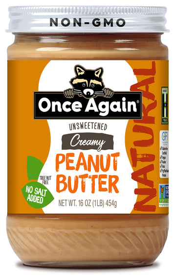 Once Again Natural, Creamy Peanut Butter, 16Oz - Salt Free, Unsweetened - Gluten Free Certified, Vegan, Kosher, Non-Gmo Verified - Glass Jar (1 Pack)