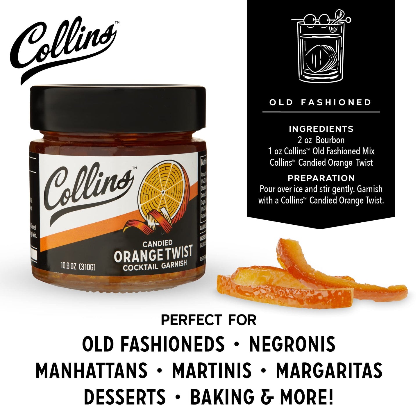 Collins Candied Fruit Orange Peel Twist In Syrup - Popular Cocktail Garnish For Skinny Margarita, Martini, Mojito, Old Fashioned Drinks, Peel For Baking, 10Oz