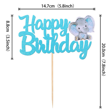 1 Pcs Blue Elephant Happy Birthday Cake Topper Glitter Jungle Animal Elephant Birthday Cake Pick Decorations For Elephant Theme
