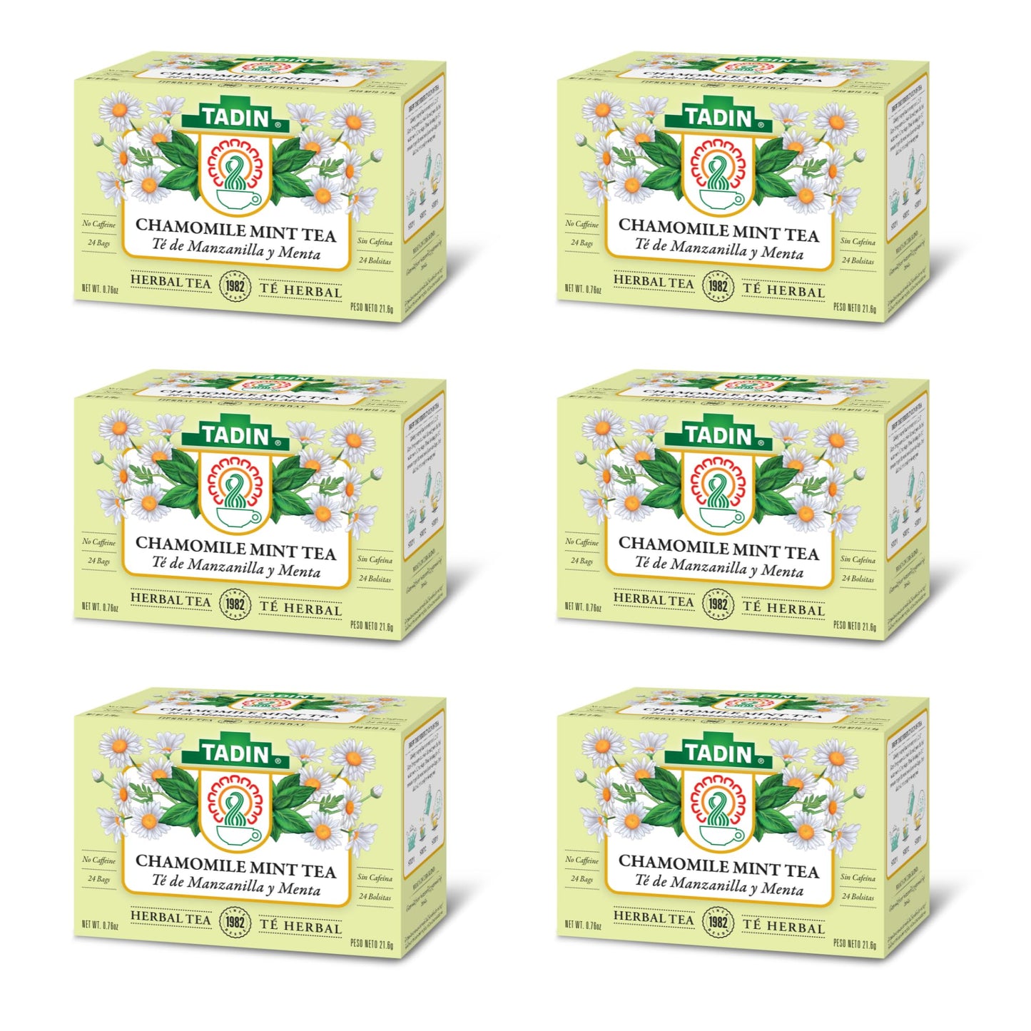 Tadin Chamomile & Mint Herbal Tea - Caffeine Free, Individually Wrapped Tea Bags, 24 Count (Pack of 6)