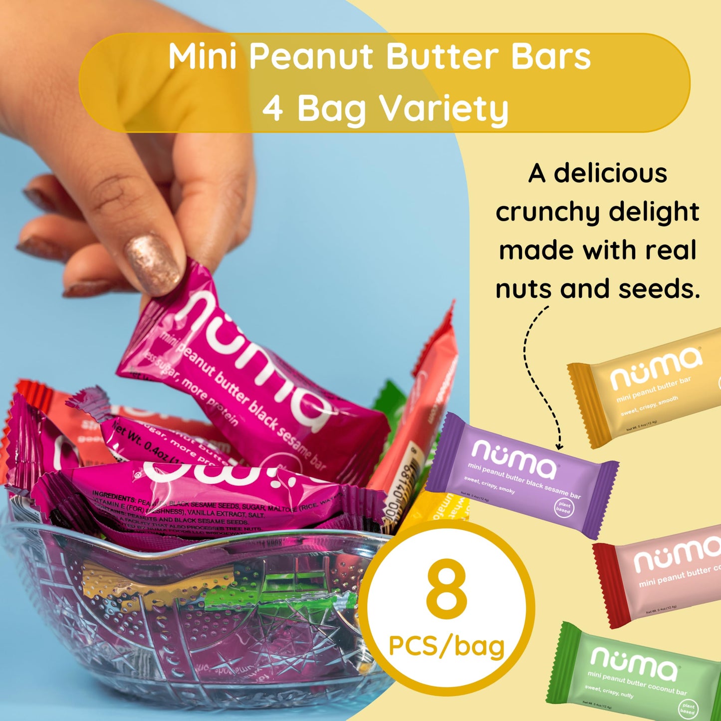 Mini Peanut Butter Bars Variety Pack - Vegan  High Protein  Low Sugar  Low Calorie  All Natural  Gluten Free - Crunchy Plant Based Snack - 4 Bags with 8 Individually Wrapped Pieces