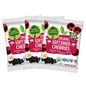 Happy Village Organic Soft Dried Cherries On The Go - 3 Bags (15 Individual Portion Packs) | Healthy, Organic, Non-Gmo, Vegan, K