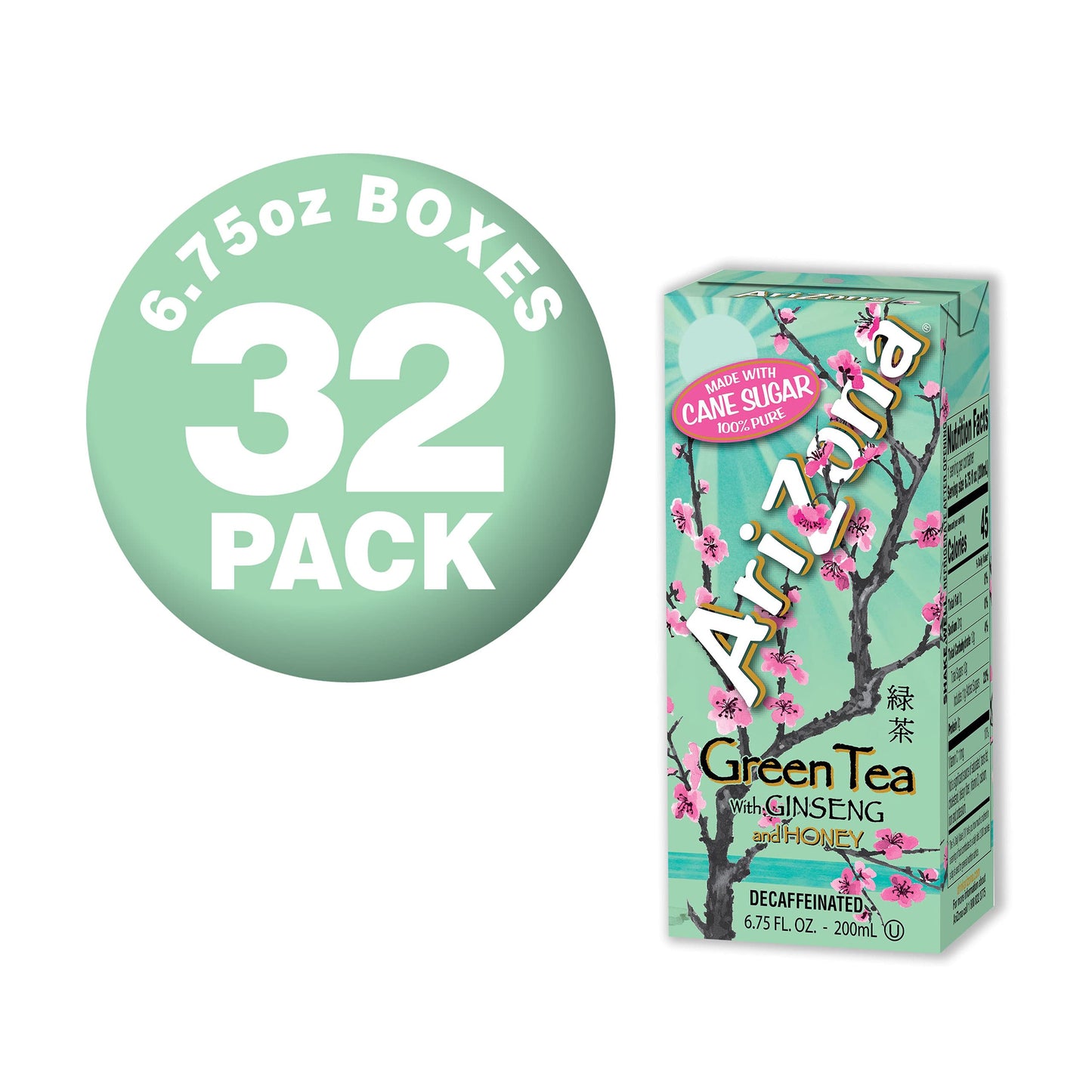 AriZona Green Tea with Ginseng and Honey, 6.75 Fl Oz, Pack of 32, Tetra Box