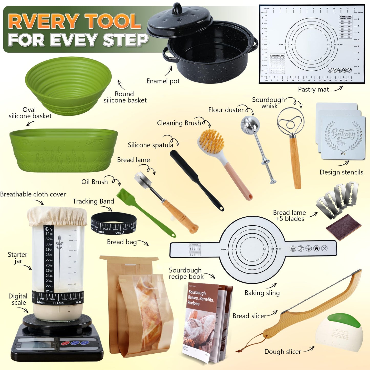 BICRET Sourdough Bread Baking Supplies Kit with 34 oz Starter, 2 Silicone Proofing Baskets, Large, Green, Model FJKIT-2