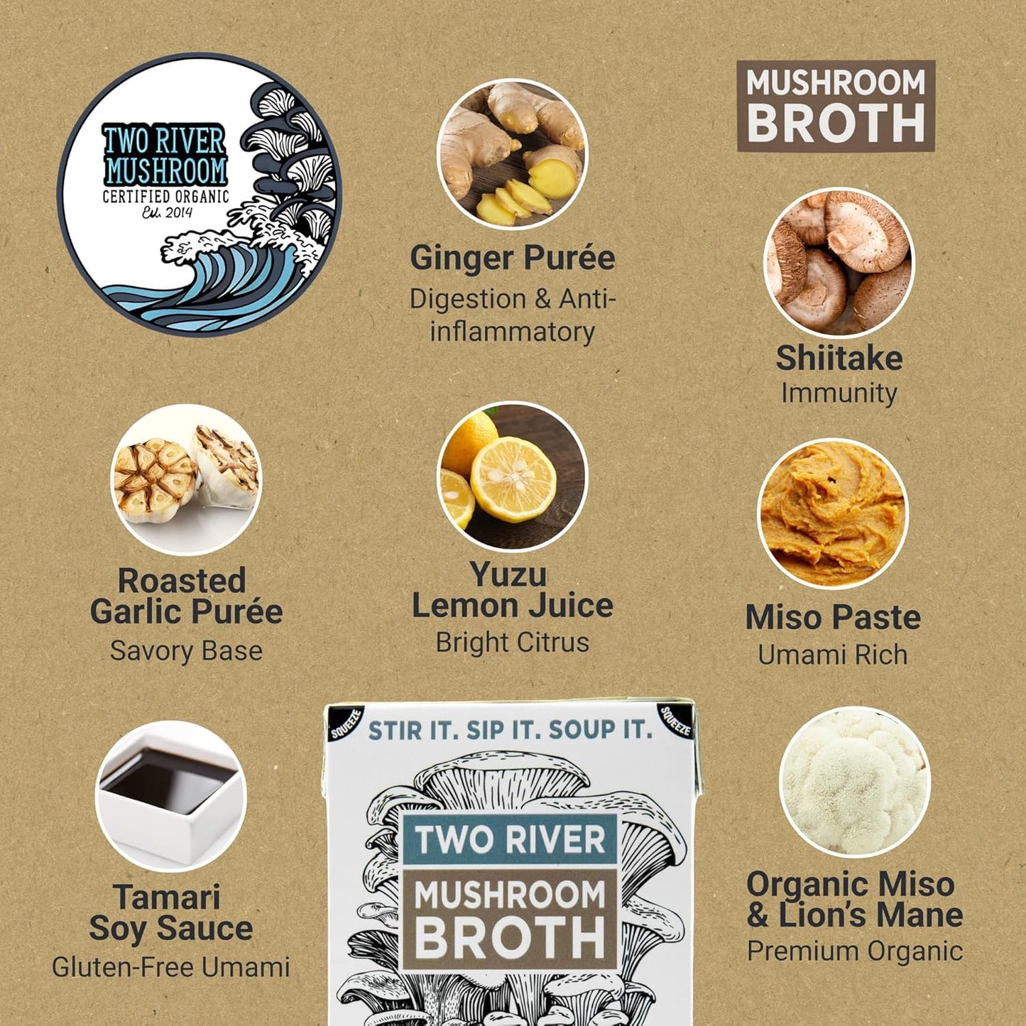 Two River Lions Mane Mushroom Broth made with organic Lions Mane and Shiitake Mushrooms, vegan plus adaptogens, perfect for si