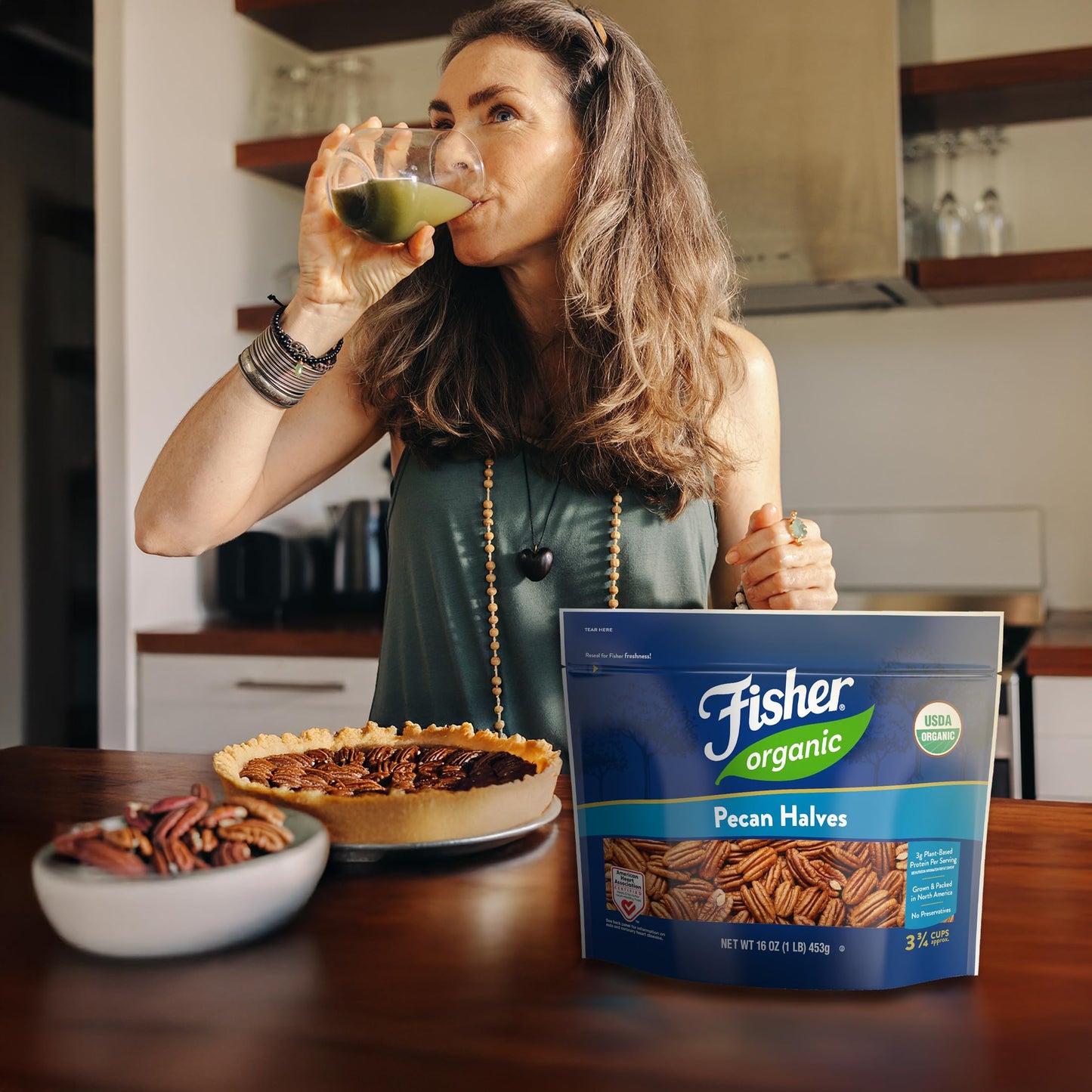 Fisher Organic Pecans Halves 16 oz  USDA Certified Organic  Unsalted Raw Pecans  North American Grown  Non-GMO  No Preservatives  Keto & Paleo Friendly  Heathy Snack for mature-themeds  Resealable Bag