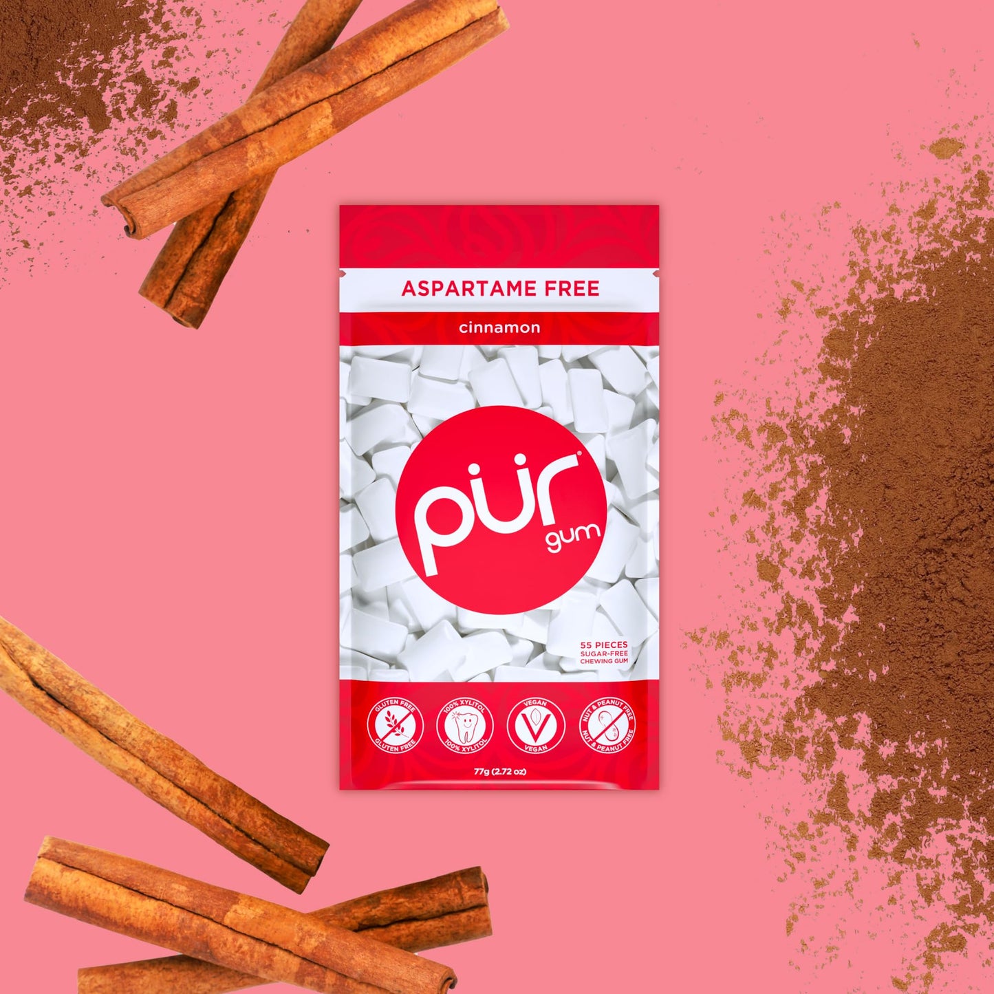 Pur 100% Xylitol Chewing Gum, Sugarless Cinnamon, Sugar Free + Aspartame Free + Gluten Free, Vegan & Keto Friendly - Healthy, Lo