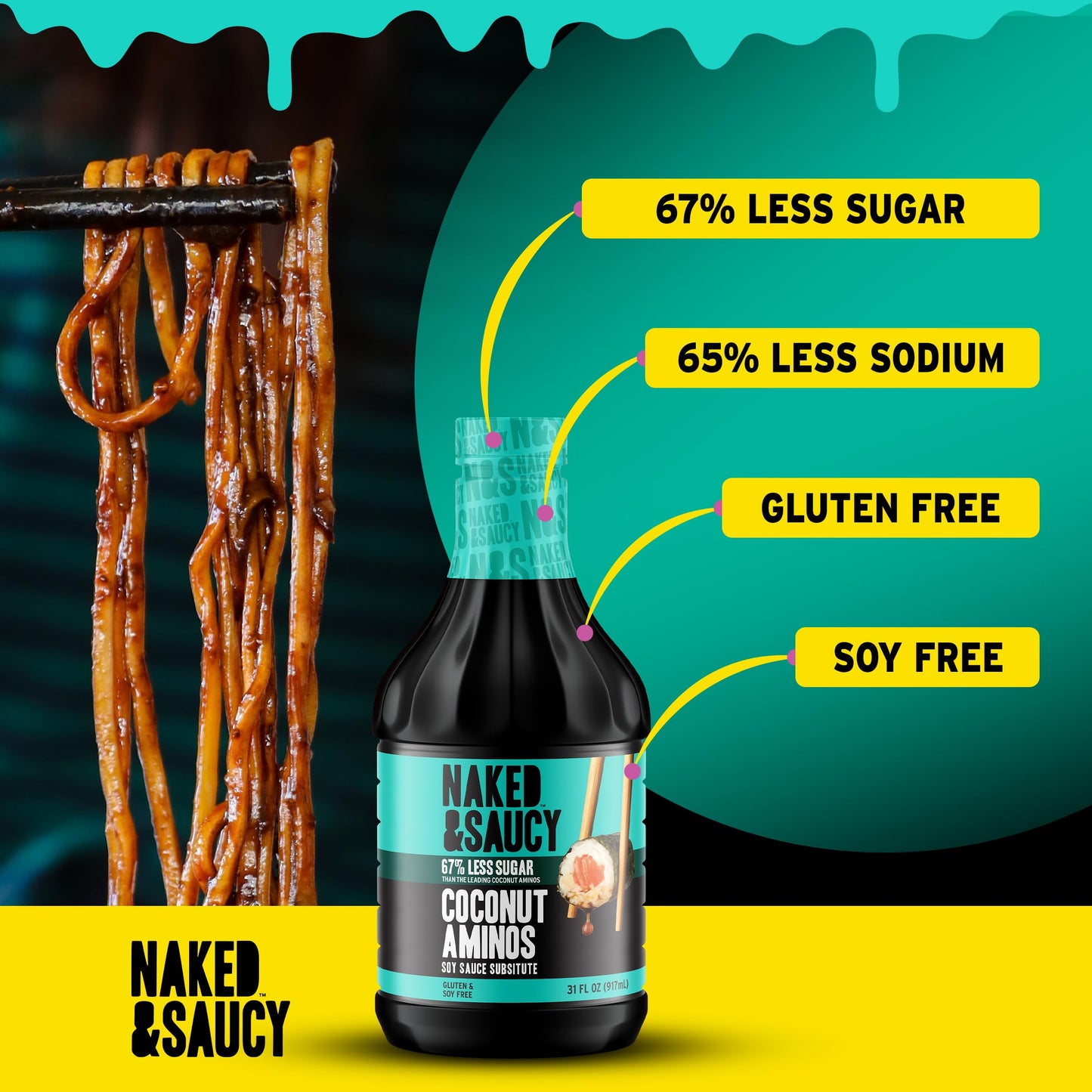 Naked & Saucy Coconut Aminos Soy Sauce Substitute, Gluten-Free, Vegan, 31 fl oz, Black