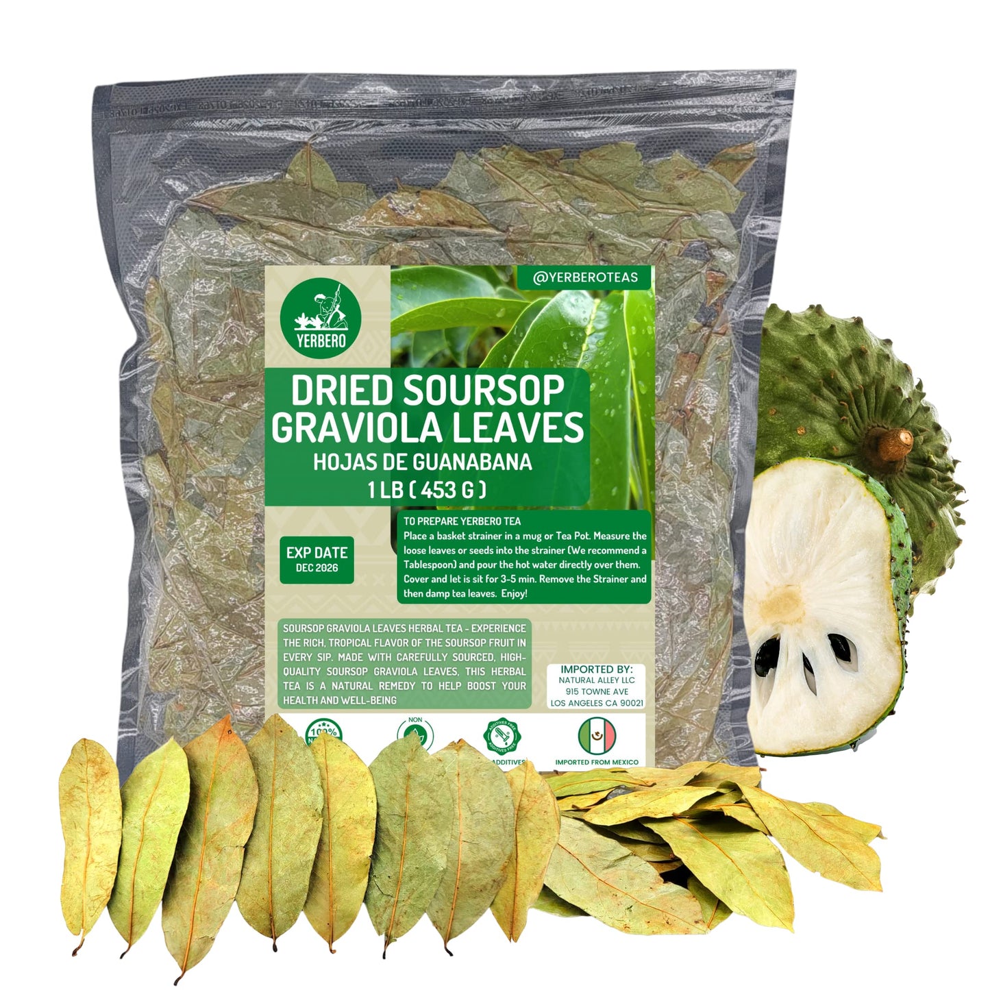 Yerbero - Whole Wildcrafted Dried Graviola Soursop Leaves 1 Lb (453G - 1300+ Leaves Per Bag) Hoja De Guanabana Seca, Crafted By