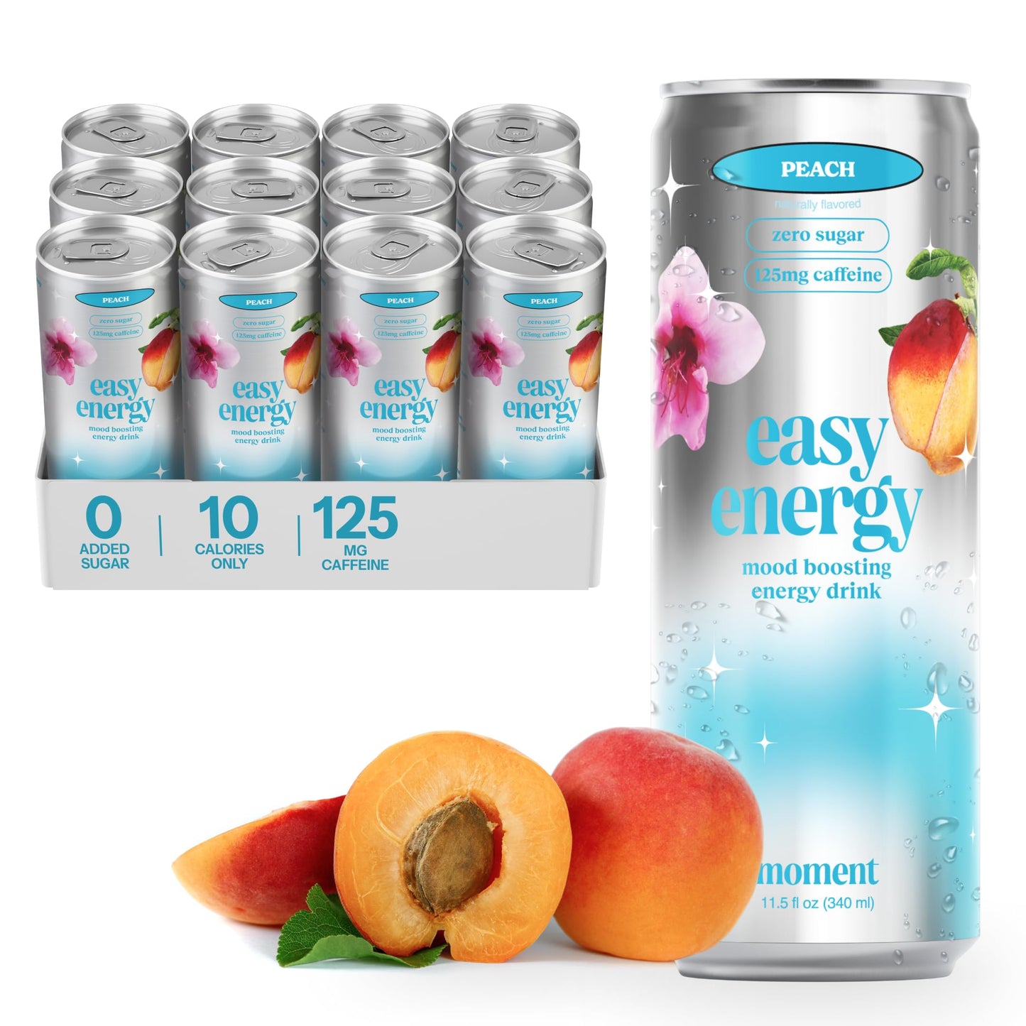 Easy Energy Drink (Peach) - Zero Sugar Sparkling Energy Drink With Natural Energy Blend  Magnesium & Lions Mane - Clean Energy For Workouts & Busy Days - 12 Pack