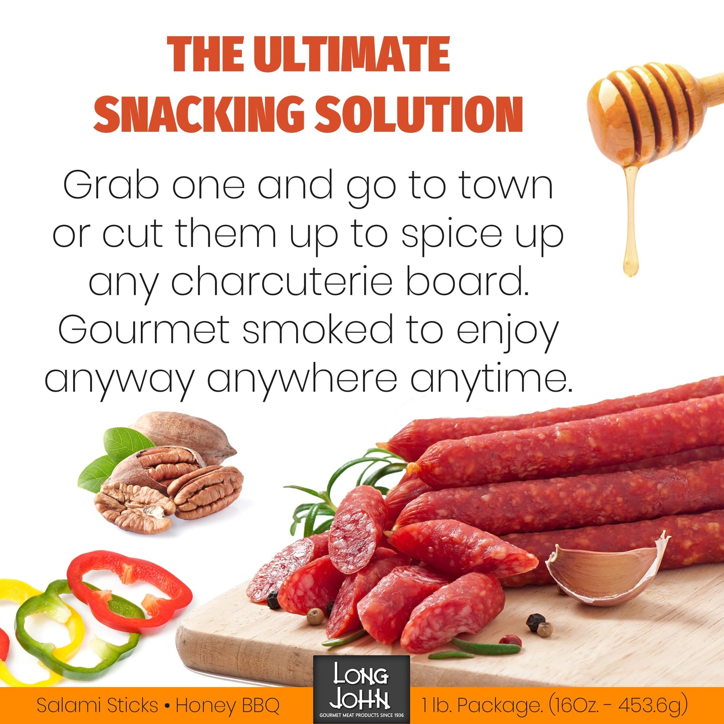 Long John Snacks Dried Salami Sticks - High Protein, Low Carb, Gluten-Free, Honey BBQ - 16 Oz Bulk Pack