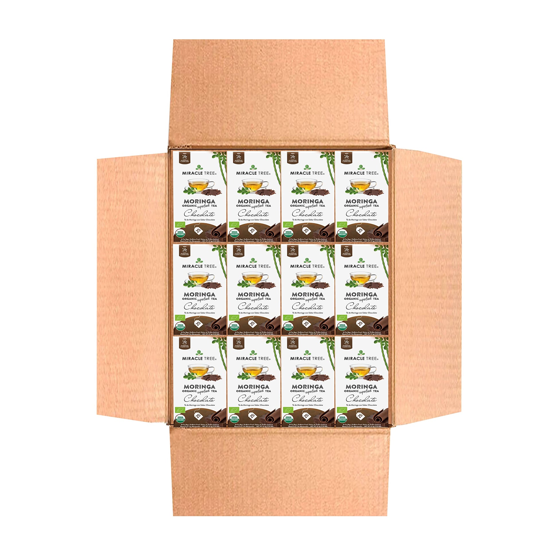 Miracle Tree Organic Moringa Superfood Tea - 25 Individually Sealed Bags, Chocolate Flavor, 12 Count Pack, Vegan, Gluten-Free, Caffeine-Free