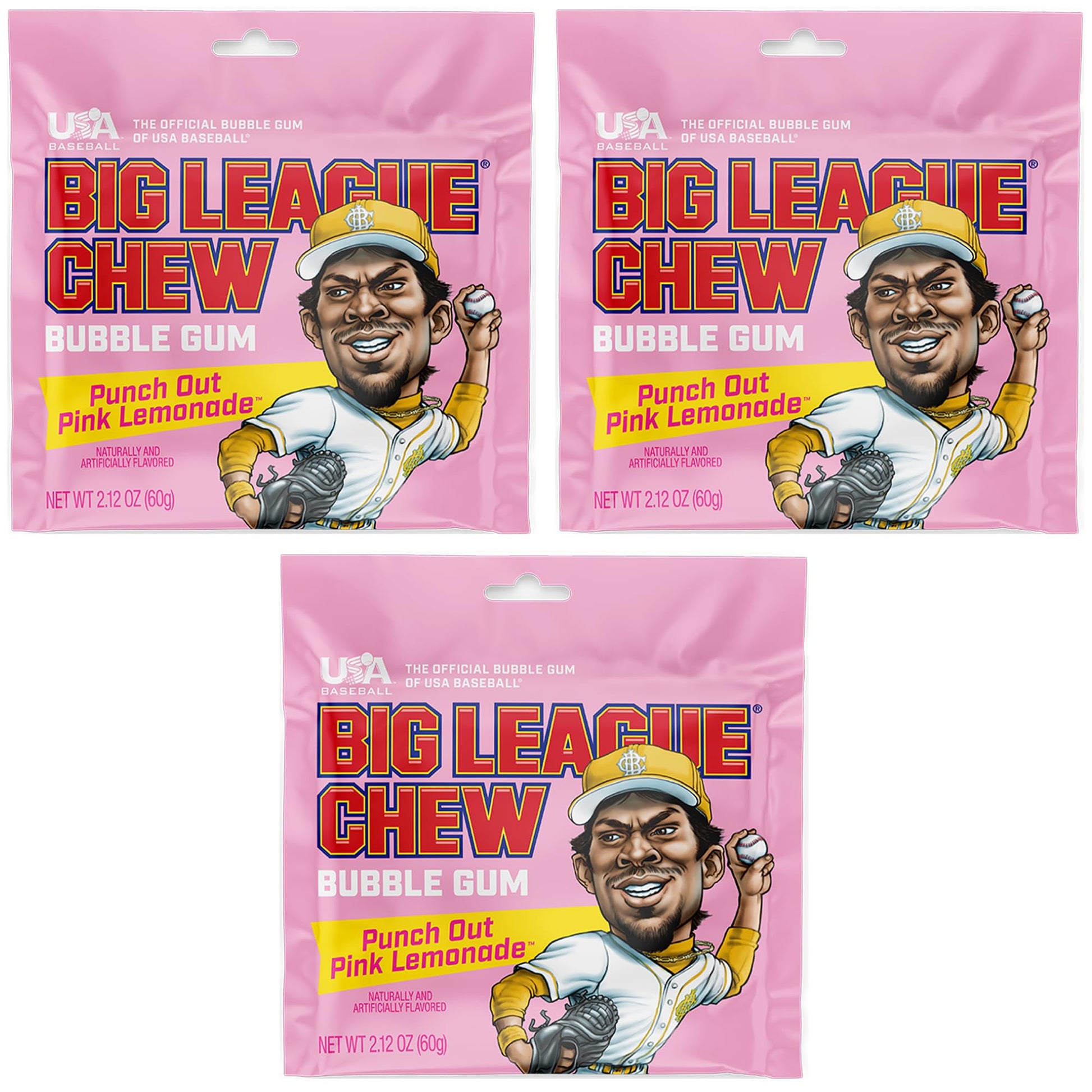 Big League Chew Pink Lemonade Bubble Gum 3-Pack - 2.12oz Packets - Softball Candy