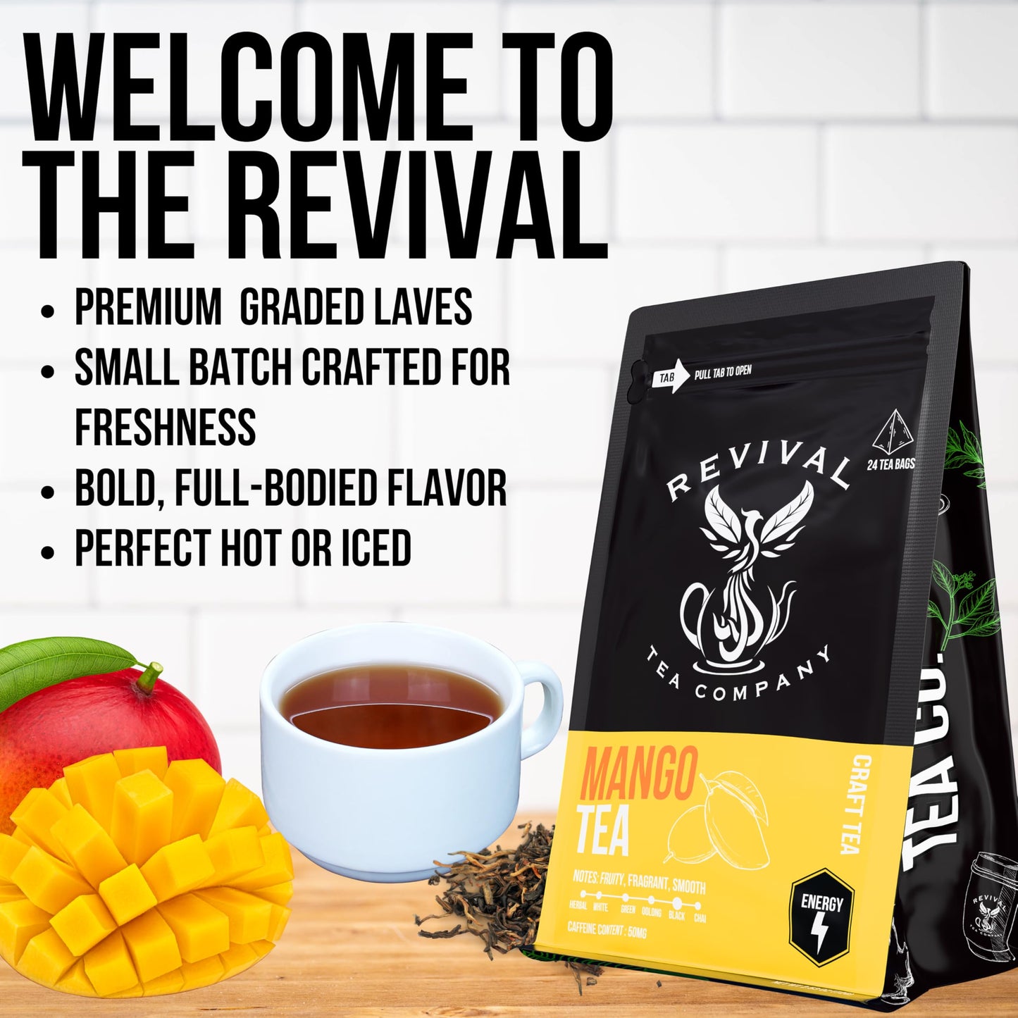 Revival Tea Company Mango Tea - Black Tea Blend with Real Mango - 24 Tea Bags