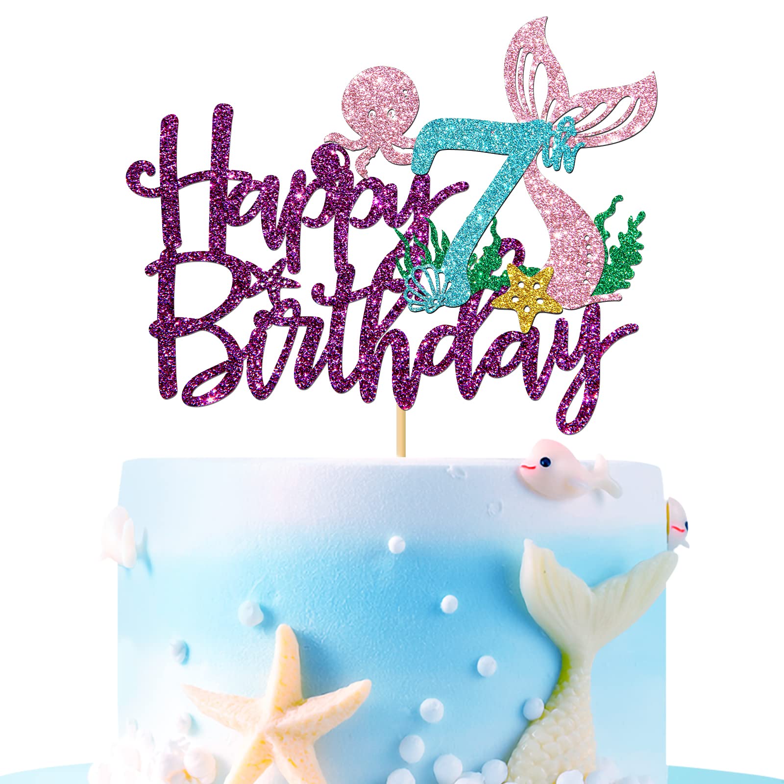 RoadSea Cake Topper - Under The Sea Theme, Purple Glitter, 7th Birthday Decoration, Food Grade Safety Cardboard