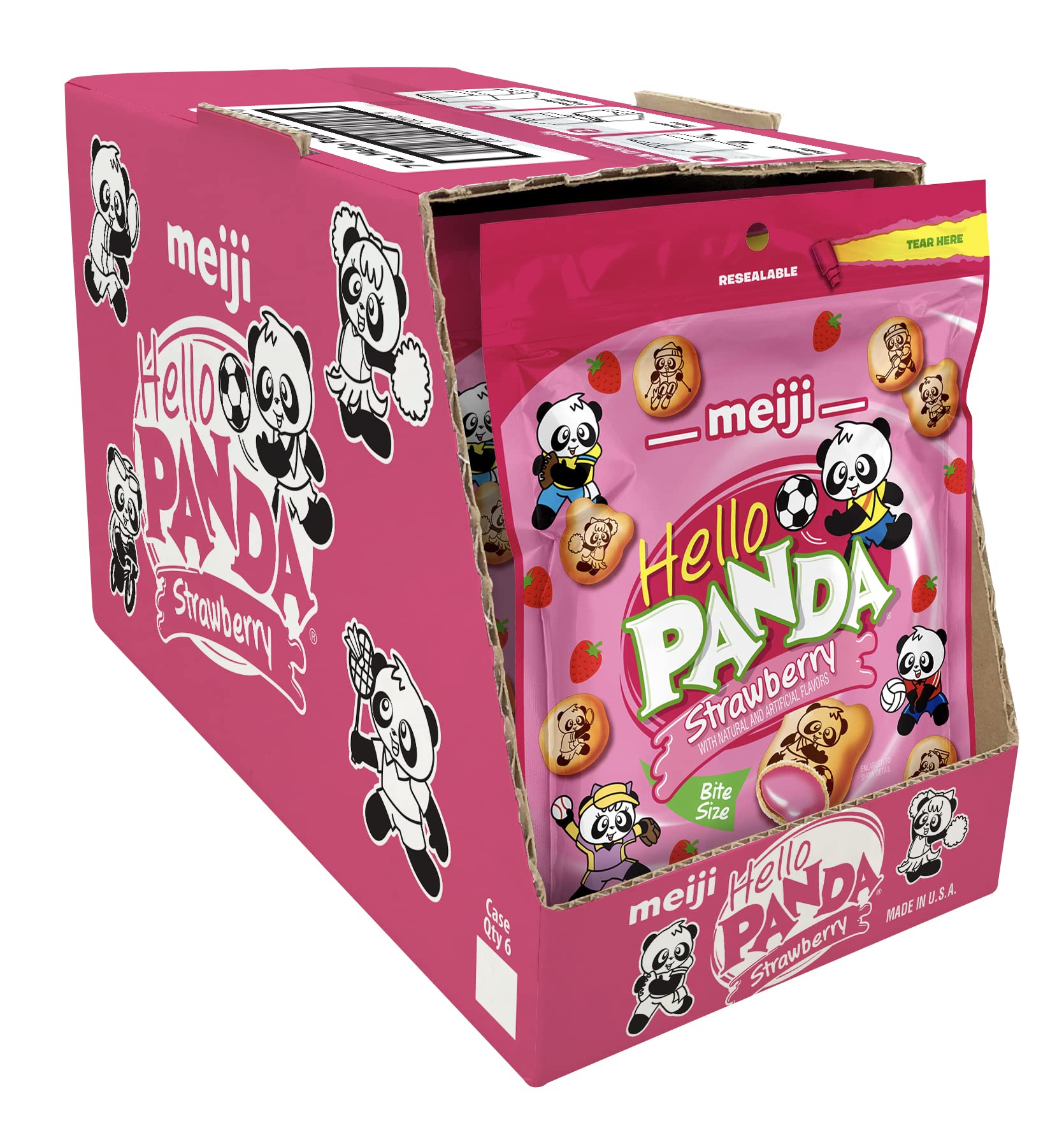 Meiji Hello Panda Cookies, Strawberry Crme Filled - 7 Oz, Pack of 6 - Bite Sized Cookies with Fun Panda Sports