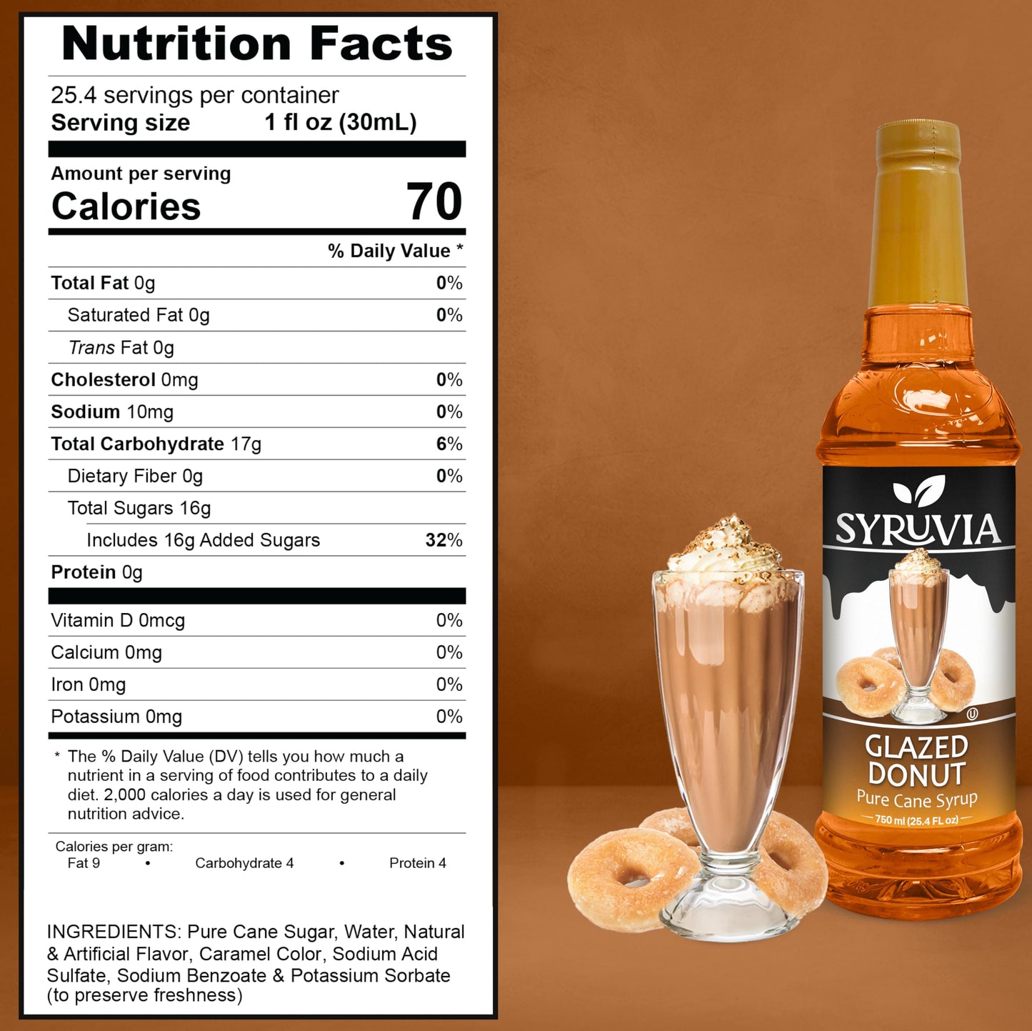 Syruvia Glazed Donut Coffee Syrup - 25.4 Fl Oz Premium Coffee Flavoring Syrup - Kosher Coffee Syrups, Gluten Free, No Coloring,