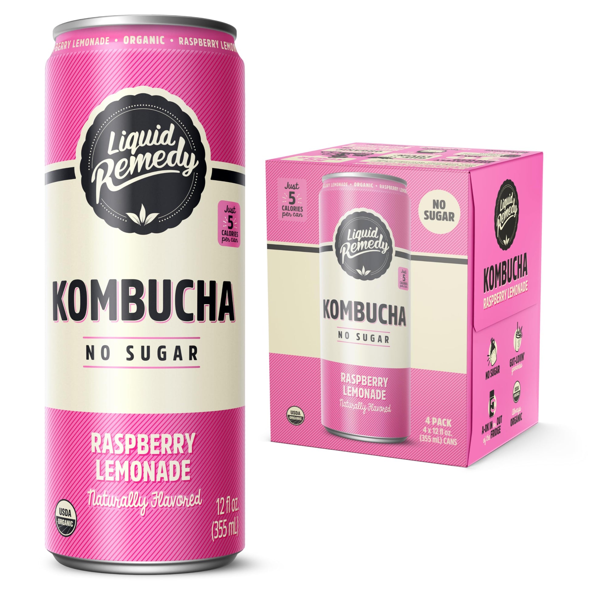 Liquid Remedy Kombucha Sugar Free Organic Drink, Low Calorie, Probiotic Like Tea for Gut Health - Raspberry Lemonade - 12 Fl Oz 