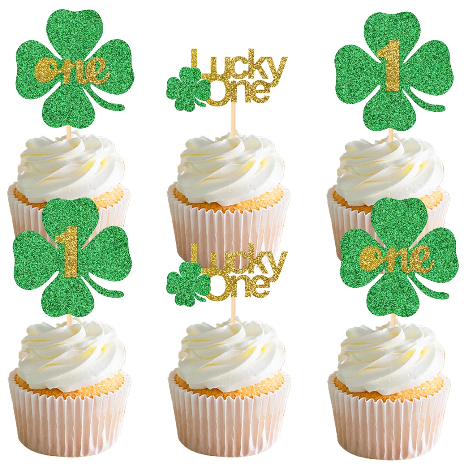 Glitter St Patricks Day Cupcake Toppers, Lucky One First Birthday 4 Leaf Clover Decorations, Shamrock Cupcake Toppers,Lucky One 