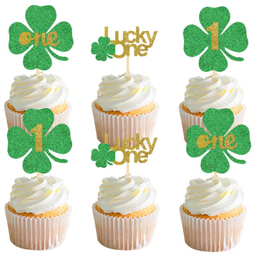 Glitter St Patricks Day Cupcake Toppers, Lucky One First Birthday 4 Leaf Clover Decorations, Shamrock Cupcake Toppers,Lucky One 