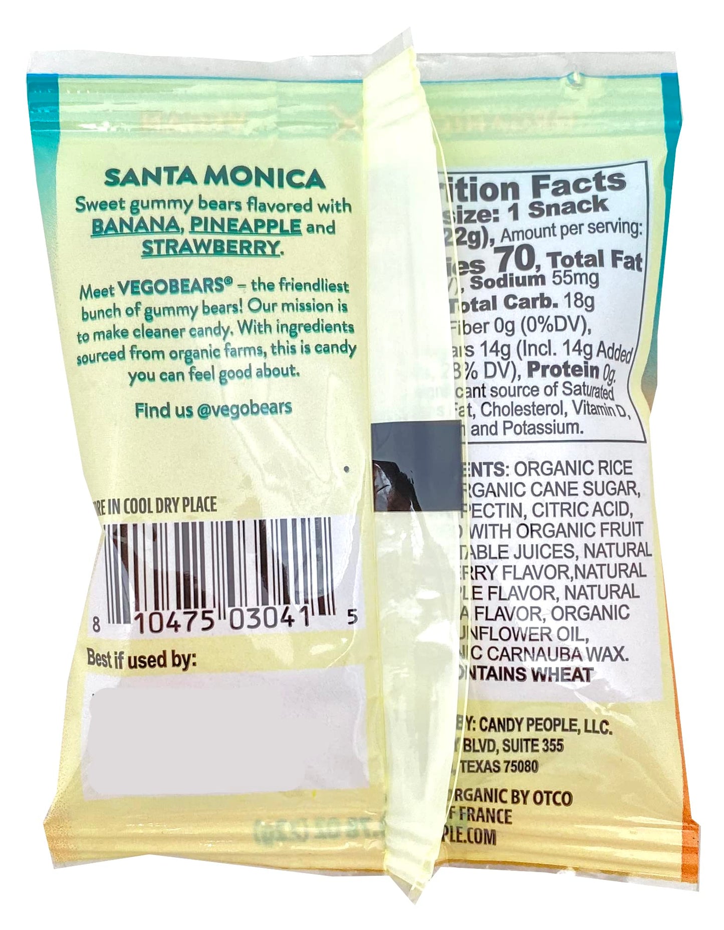 Candy People VegoBears Santa Monica Vegan Gummy Bears Snack Packs Organic Gummy Bears, Non-GMO, Banana, Pineapple & Strawberry G