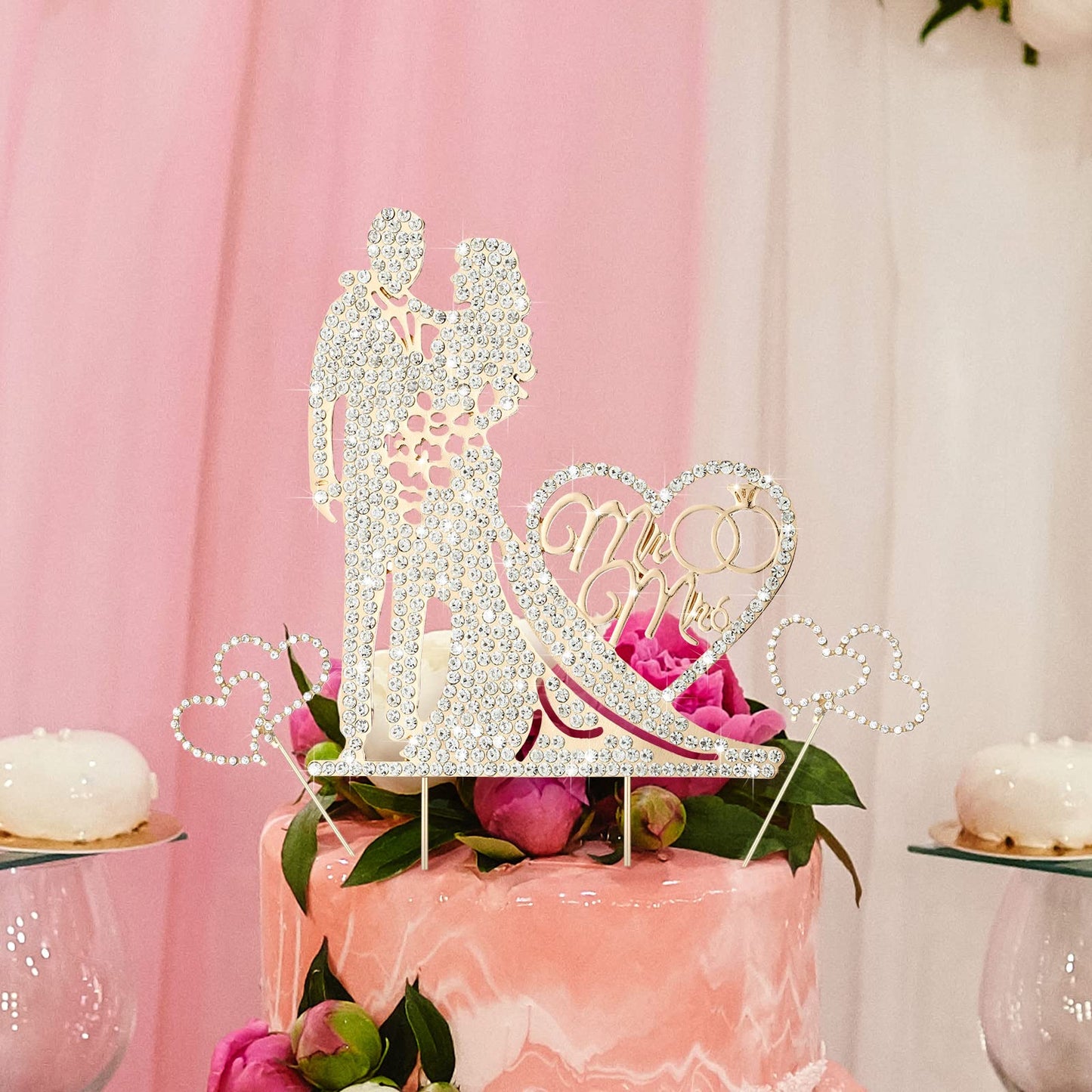 Spiareal 3 Pack Mr And Mrs Cake Topper Rhinestone Metal Love Wedding Cake Topper Crystal Heart Shaped Cake Toppers Funny Diamond