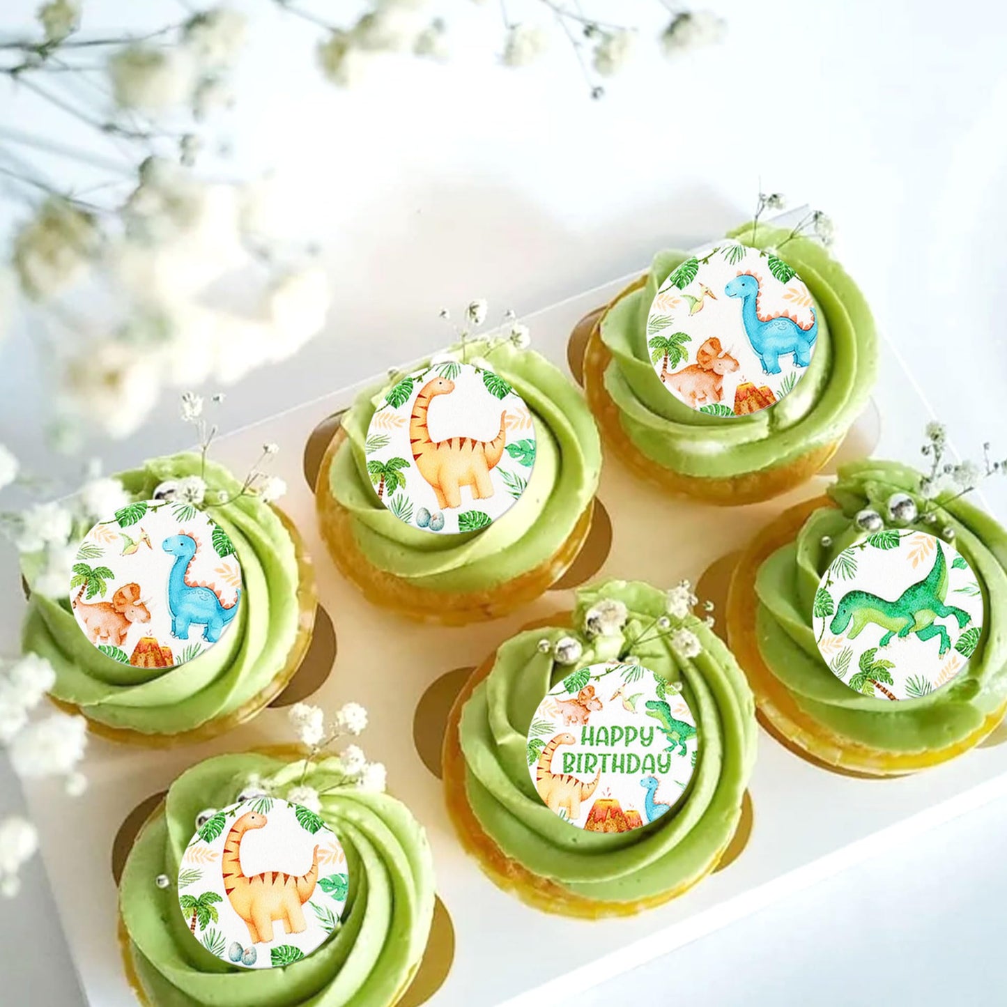 Cyodoos 40 Pcs Edible Dinosaur Cupcake Toppers Wafer Paper Dinosaur Baby Dinosaur Cupcake Drink Topper Children'S Birthday Party