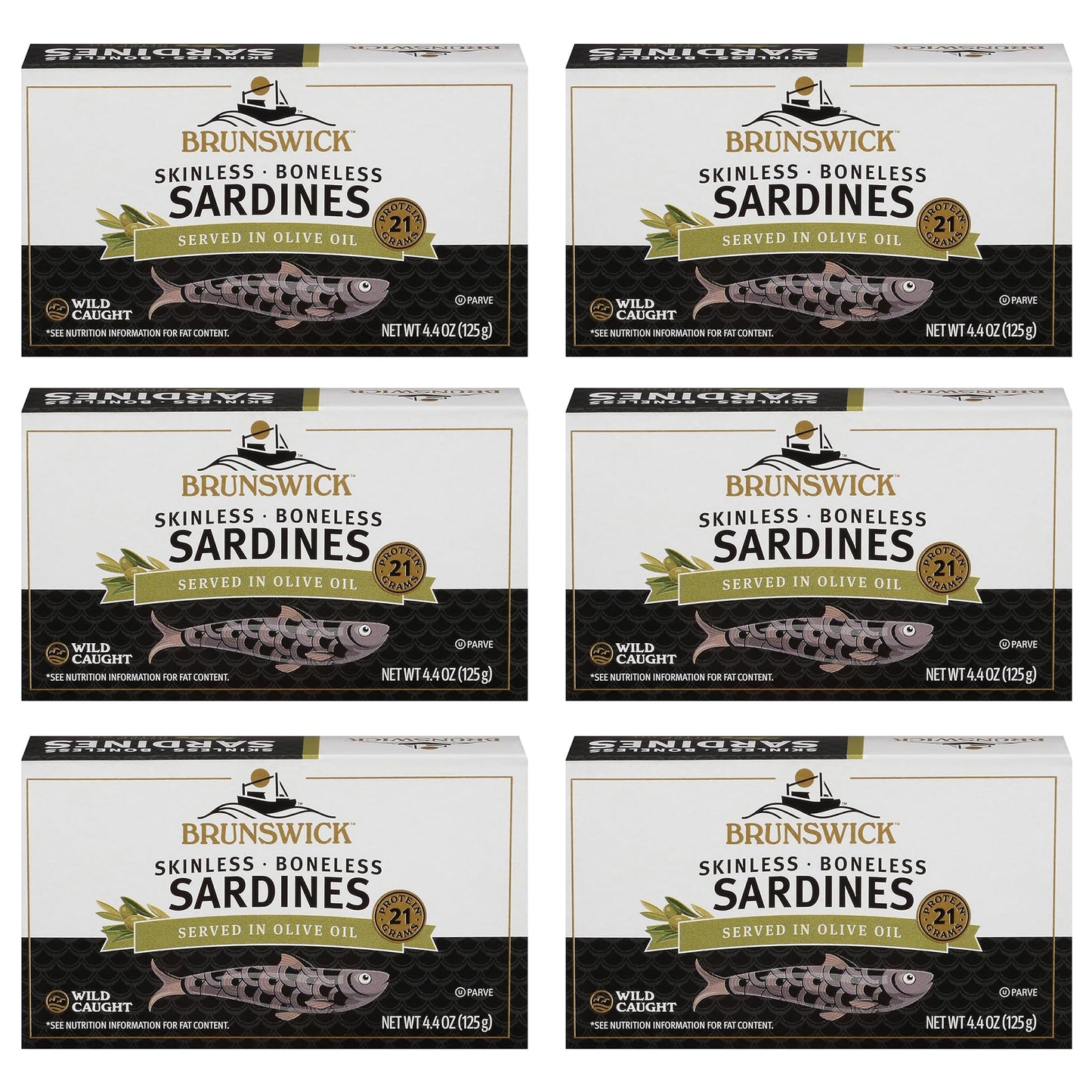 Brunswick Wild Caught Skinless And Boneless Sardines, Served In Olive Oil, 4.4 Ounce (Pack Of 6)