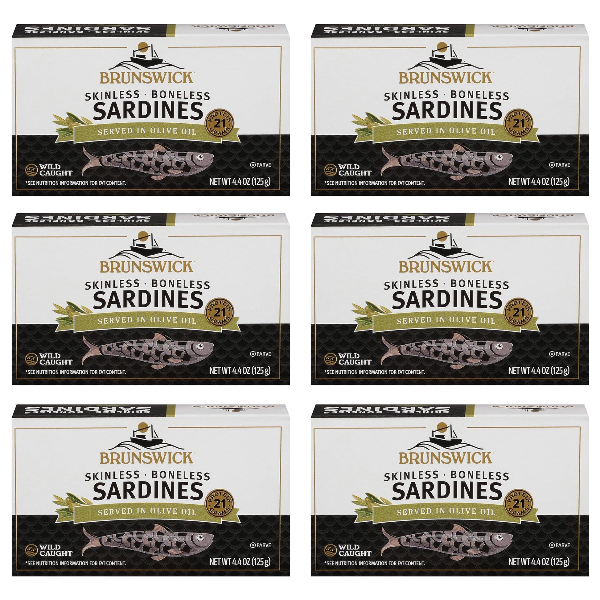 Brunswick Wild Caught Skinless And Boneless Sardines, Served In Olive Oil, 4.4 Ounce (Pack Of 6)