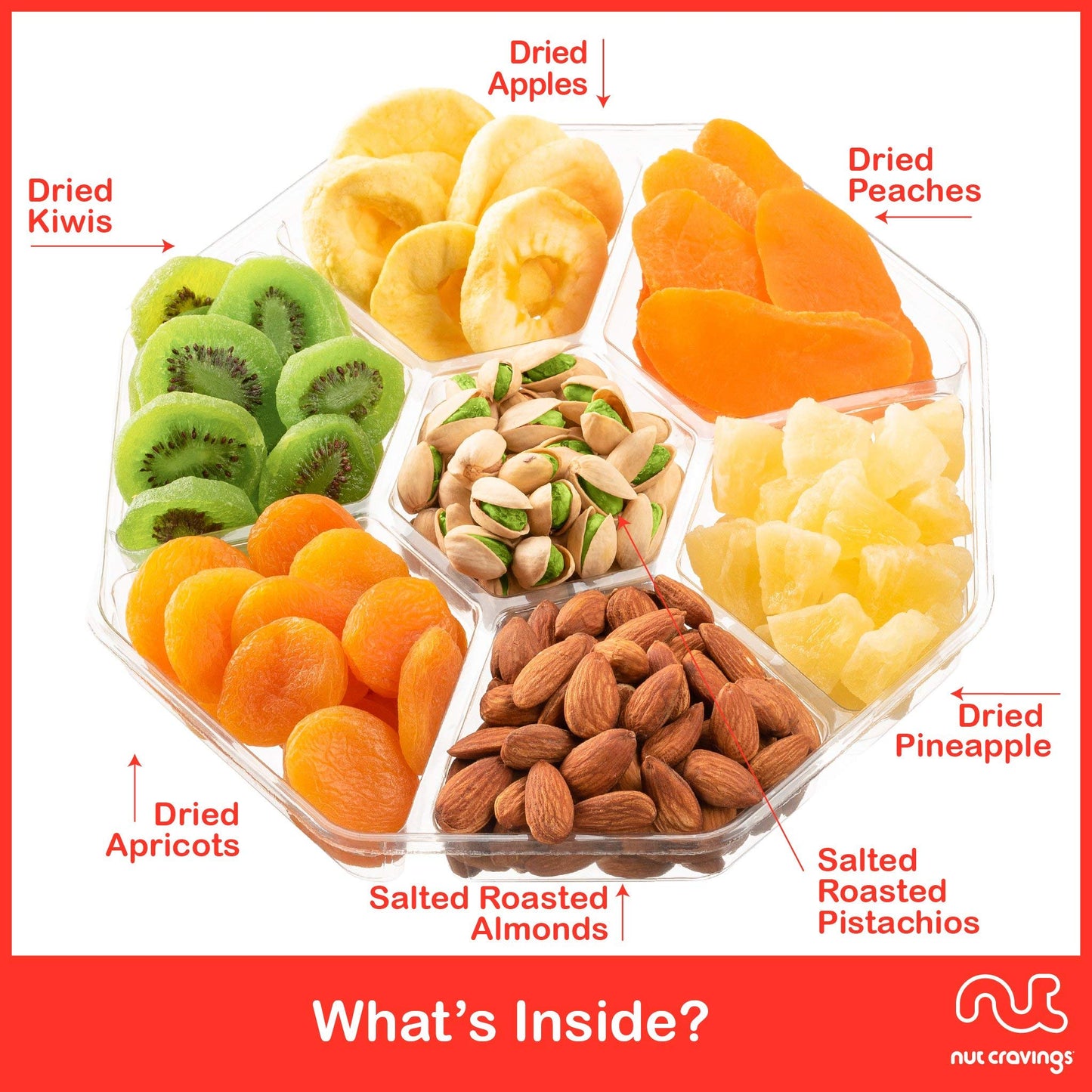 Nut Cravings Gourmet Collection - Rosh Hashana & Shana Tova Dried Fruit & Mixed Nuts Gift Basket In Red Box (7 Assortments, 1 Lb