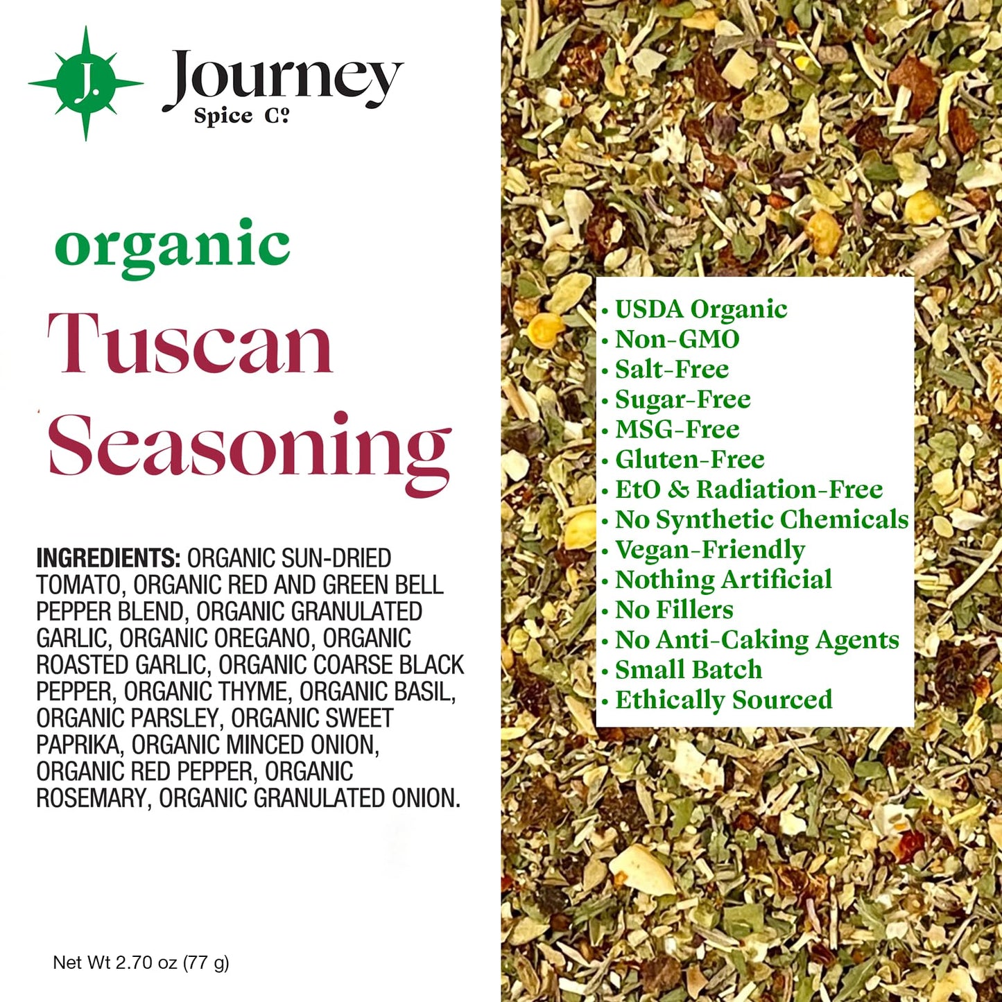 Journey Spice Co. Organic Tuscan Seasoning | Salt-Free, Non-GMO | 2.7 oz Resealable Cap