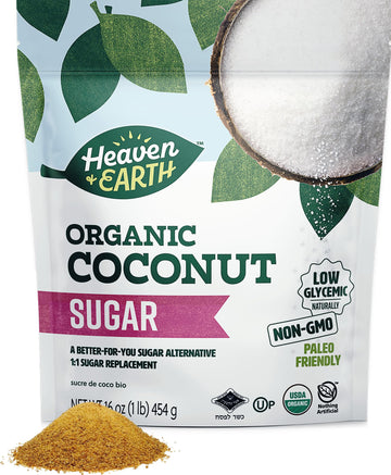 Heaven & Earth Organic Coconut Sugar, 16oz | Low Glycemic | Unrefined Sugar Alternative | Natural Sweetener | Coconut Palm Sugar