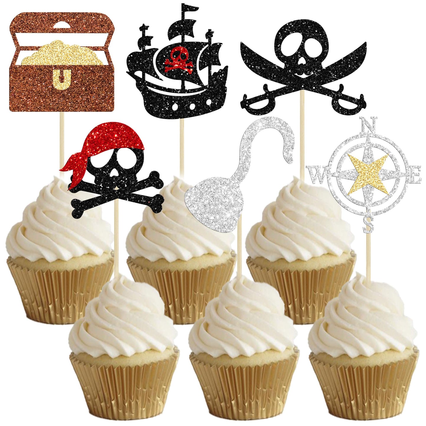 Gyufise 24Pcs Pirate Cupcake Toppers Glitter Nautical Sailing Skull Cap Flag Cupcake Picks For Pirate Theme Baby Shower Kids Bir