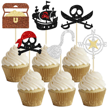 Gyufise 24Pcs Pirate Cupcake Toppers Glitter Nautical Sailing Skull Cap Flag Cupcake Picks For Pirate Theme Baby Shower Kids Bir