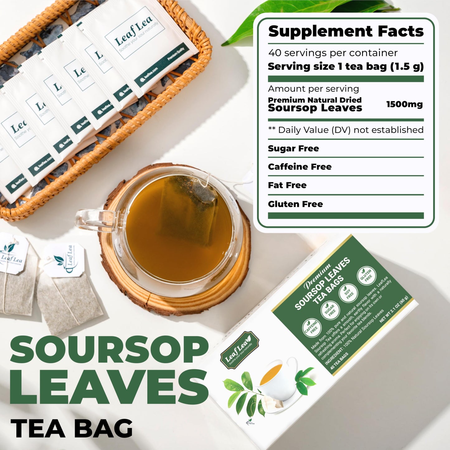 LeafLea Soursop Tea Bags - 100% Natural Graviola Leaves, Caffeine-free, Pack of 3 (120 Tea Bags)
