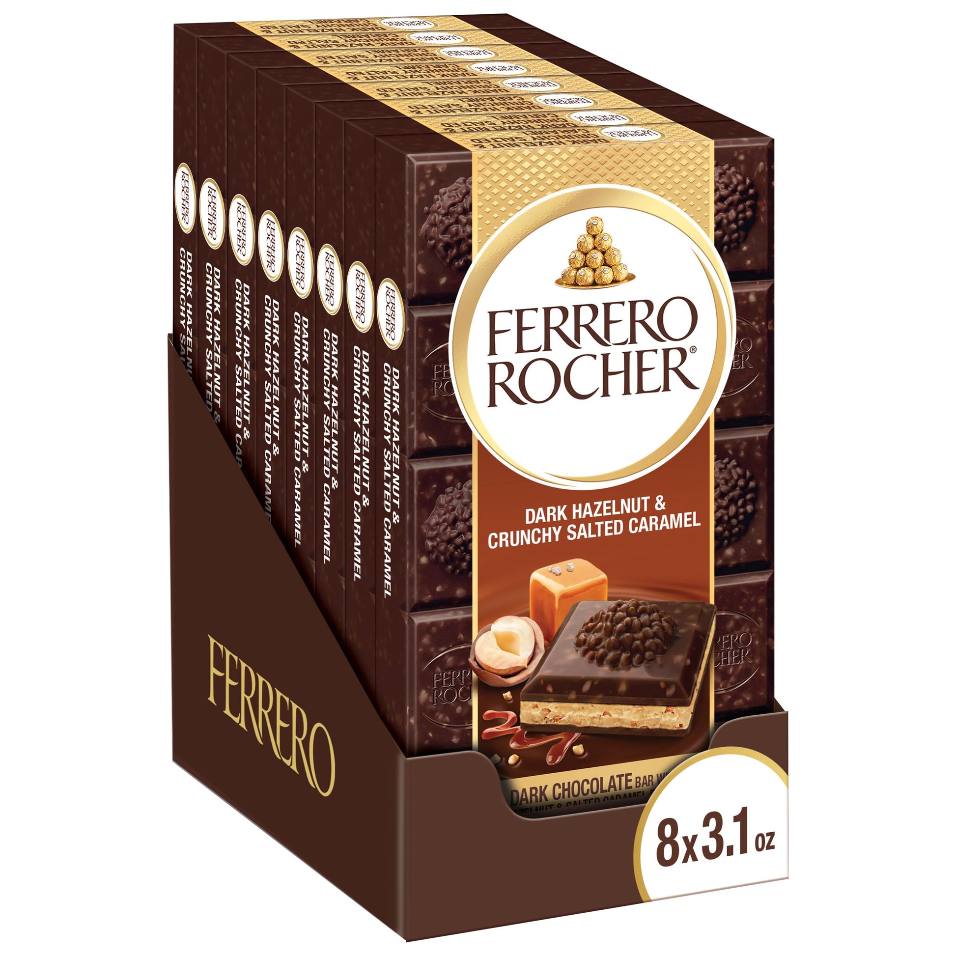 Ferrero Rocher Premium Chocolate Bars, 8 Pack, Dark Chocolate Hazelnut and Crunchy Salted Caramel, Individually Wrapped, 3.1 oz 