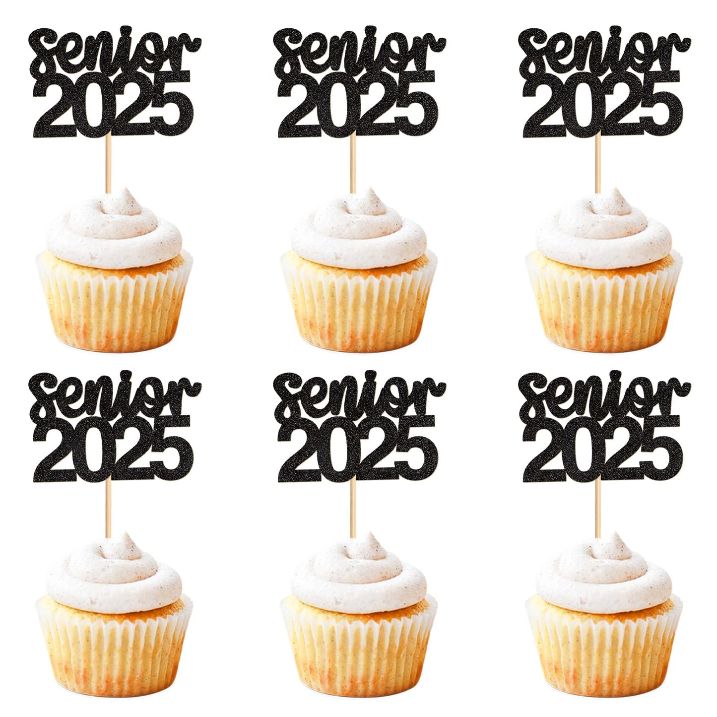 Keaziu 24 Pack Graduation Cupcake Toppers, Paper, Senior1 Black, Graduation Hat Picks for 2025 Theme Party Decorations