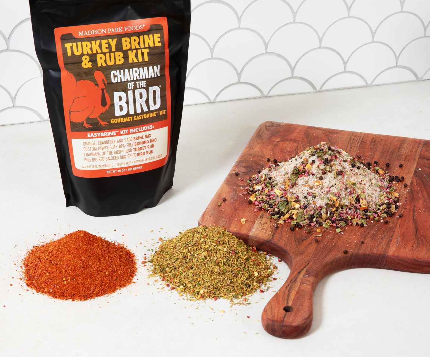 Chairman of the Bird Gourmet Turkey Brine and Rub Kit - enhanced Brine Mix  Custom BPA-Free XL Brine Bag and 2 Turkey Rub Seasonings - All Natural Gluten-Free Non-GMO No MSG  16 Ounces