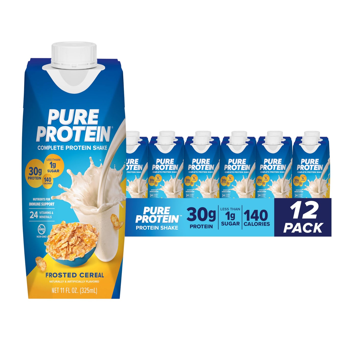 Pure Protein Complete Protein Shake  Frosted Cereal  30g High Protein Drink  Less than 1g Sugar  4g Fiber  Ready to Drink  Non GMO  On-the-Go Shakes  11oz Bottles  12 Pack