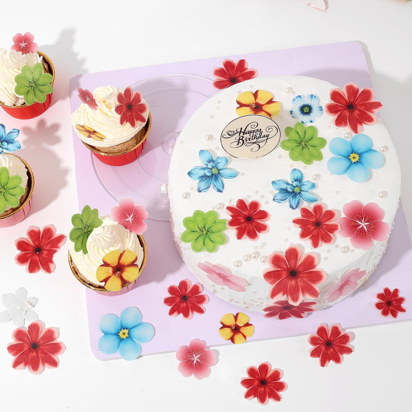 Yocity 70Pcs Edible Flowers Cake Toppers Edible Flowers Cupcake Topper Luau Hawaii Flowers Wafer Paper Flower Cake Decorations F