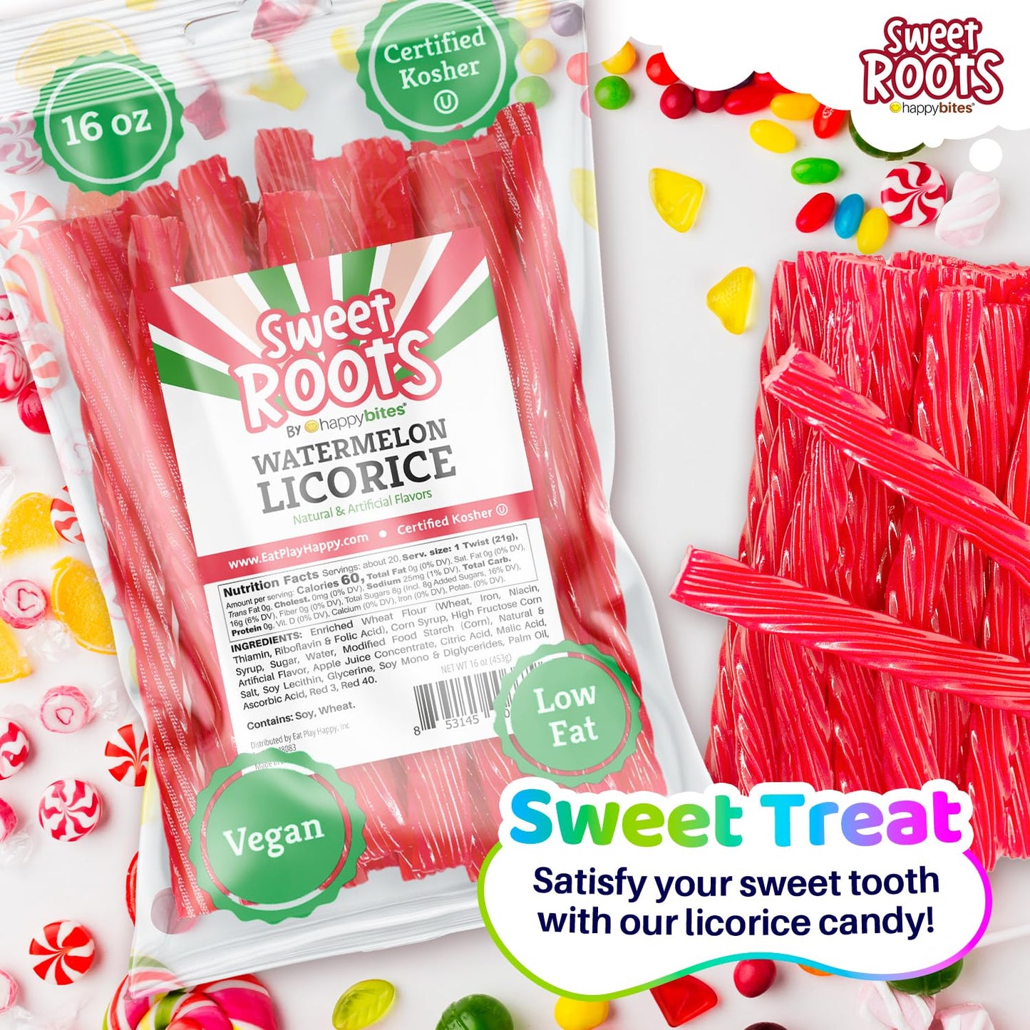 Sweet Roots Watermelon Licorice Twists - 1 Bag (16 Oz) - Jumbo Size Licorice Sticks | Made With Real Fruit Juice Concentrate | V