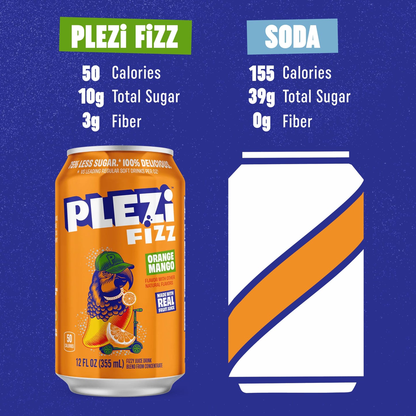 PLEZi FiZZ Orange Mango Sparkling Juice - Healthy Soda Alternative with Real Fruit Juice, No Added Sugar - Low Sugar Sparkling D