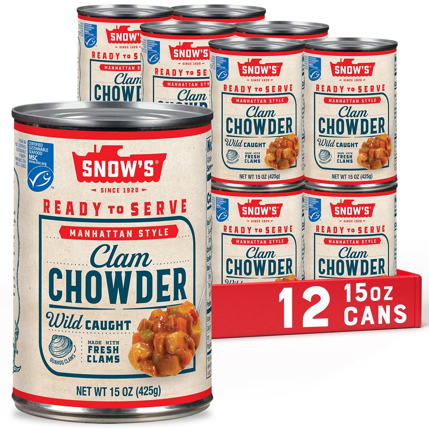 Snow s Manhattan Clam Chowder, 15 oz Can (Pack of 12) - 11g Protein per Serving - Ready-to-Serve Authentic Manhattan Style Reci
