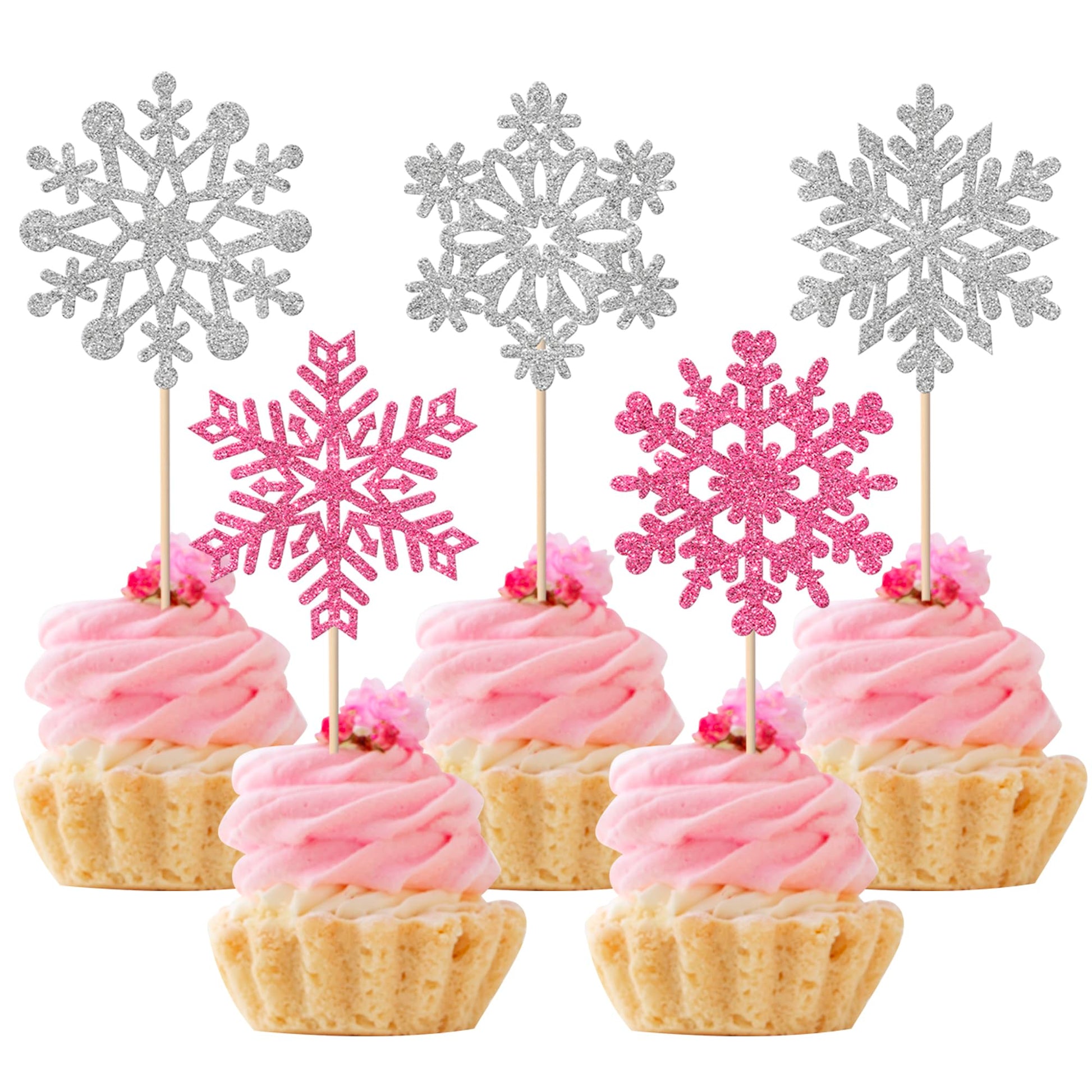 YCTHUNFISH 30 Pack Snowflake Cupcake Toppers, Glitter Paper Decorations, Winter Theme, Pink