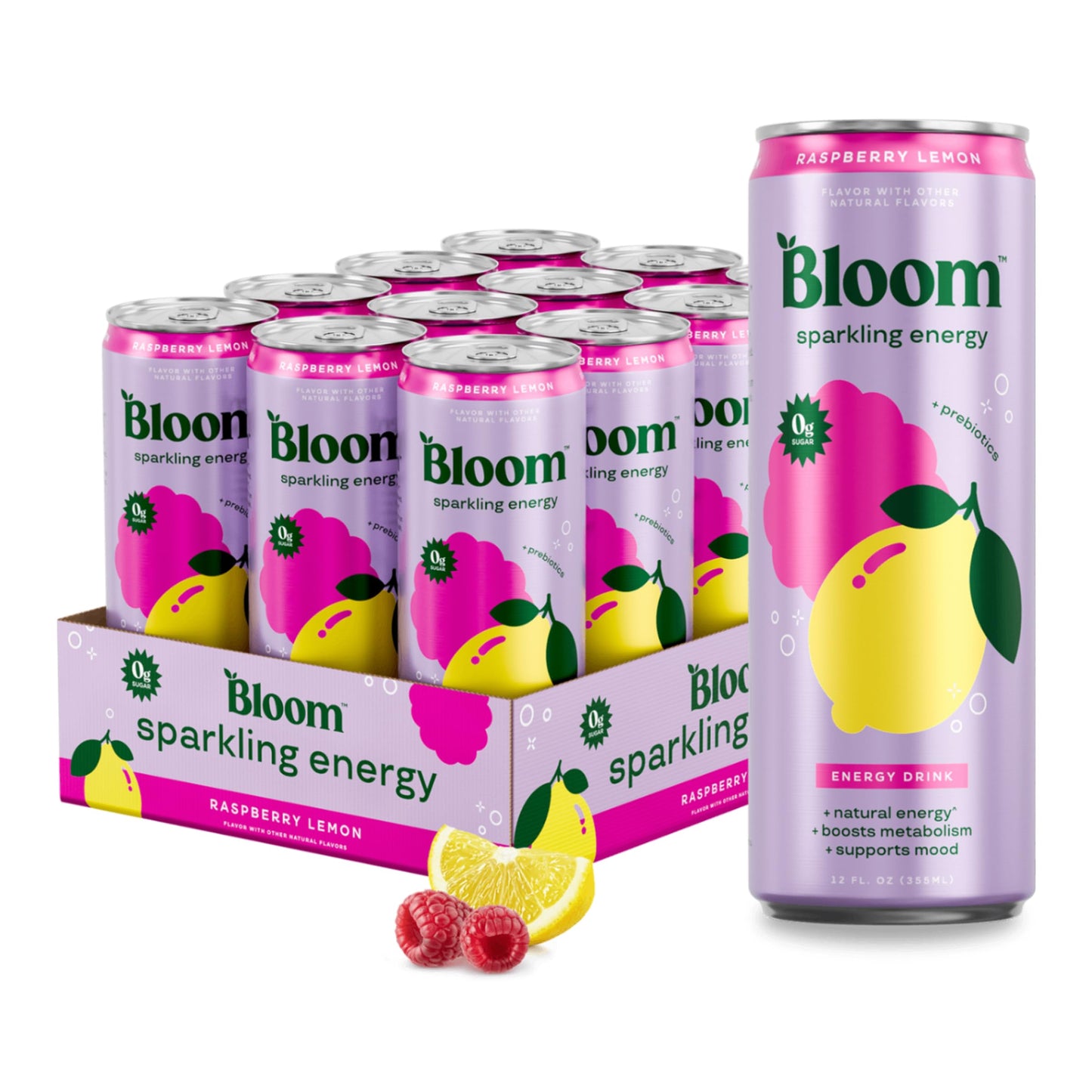 Bloom Nutrition Sparkling Energy Drink, Raspberry Lemon, Zero Sugar, 180mg Caffeine, 12 Fl Oz (Pack of 12)