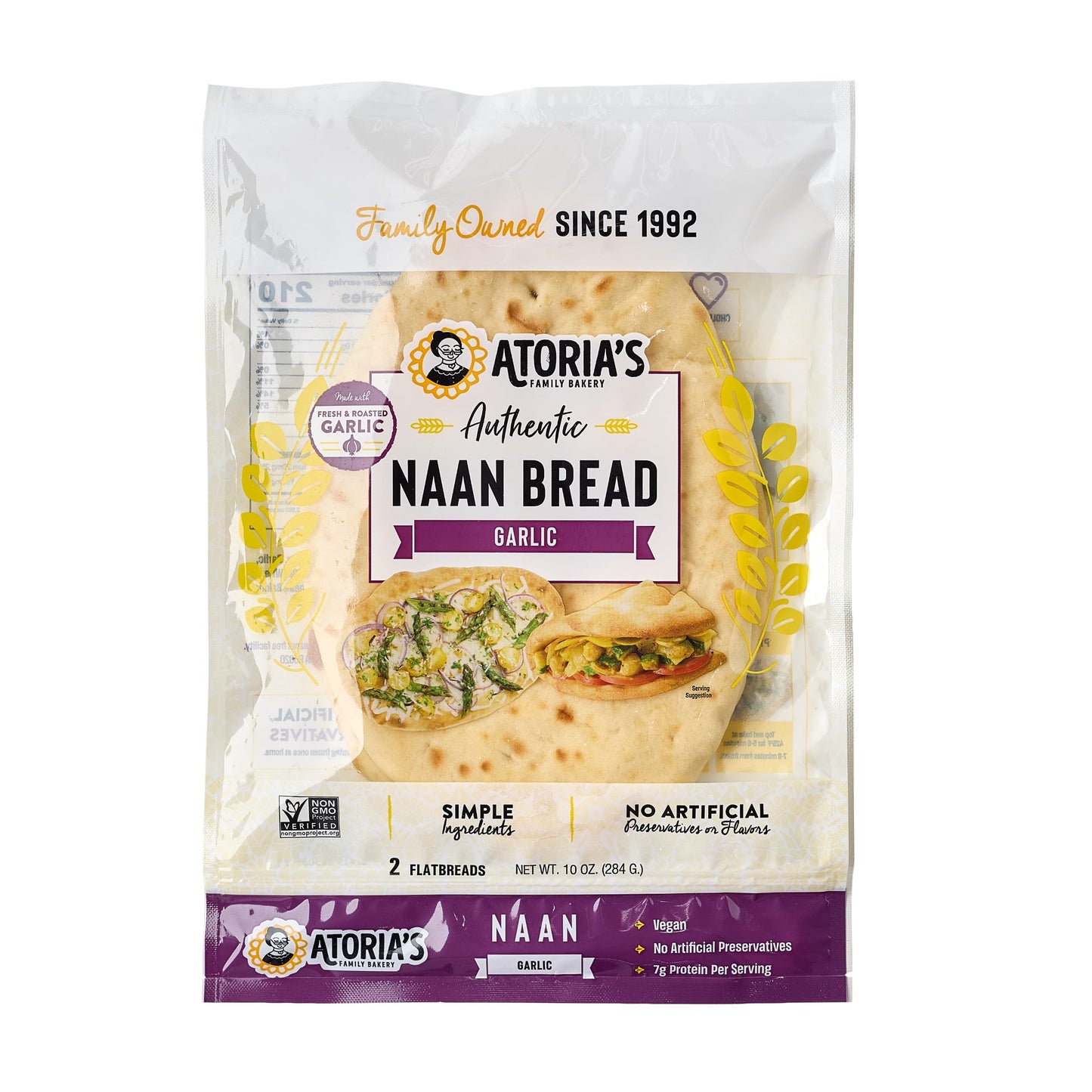 Atoria's Family Bakery Garlic Naan | Non-GMO, Vegan (8 Pack, 16 Flatbreads Total) 8-Packs of 2 Sheets (16 Sheets)