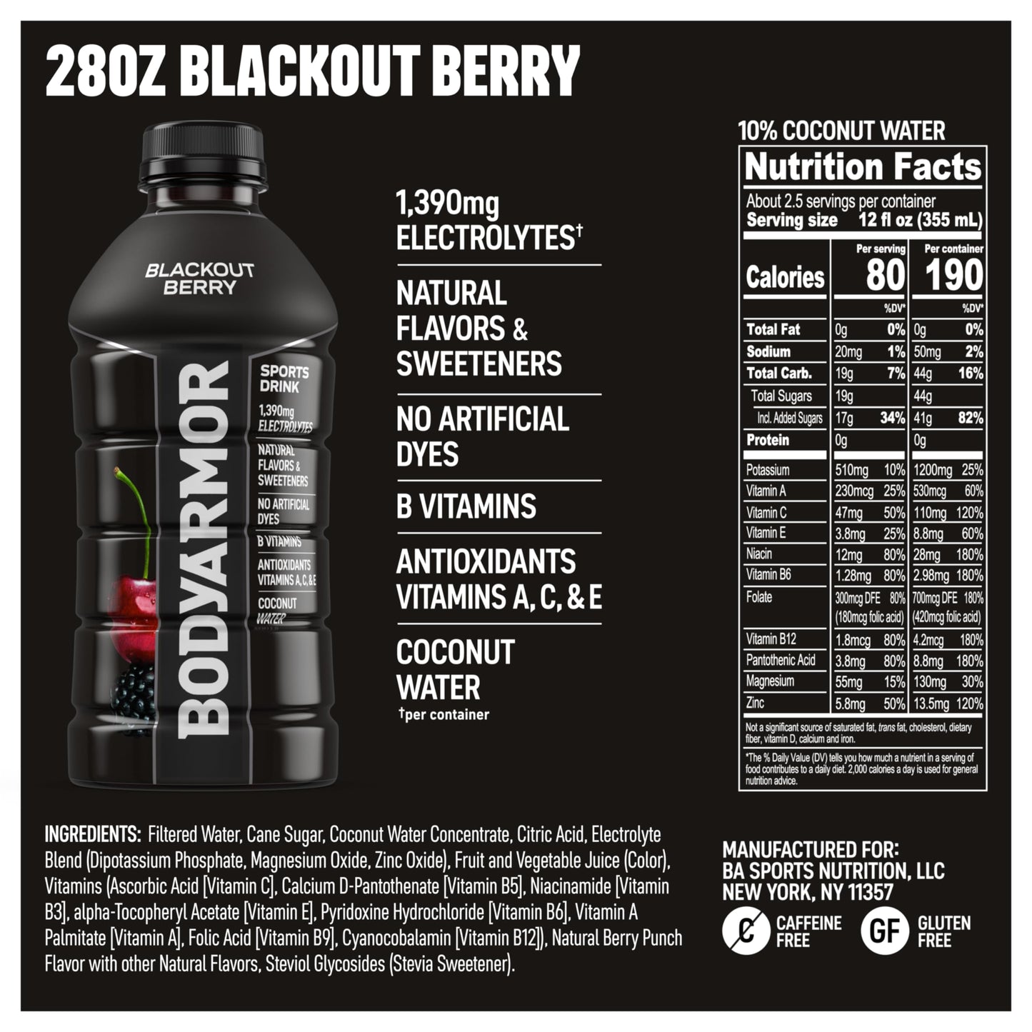 BODYprotective covering Sports Drink  Blackout Berry  Electrolyte Drink Hydration  28 Fl Oz Bottles (15 Pack)  Flavored Coconut Water with B Vitamins & Antioxidants