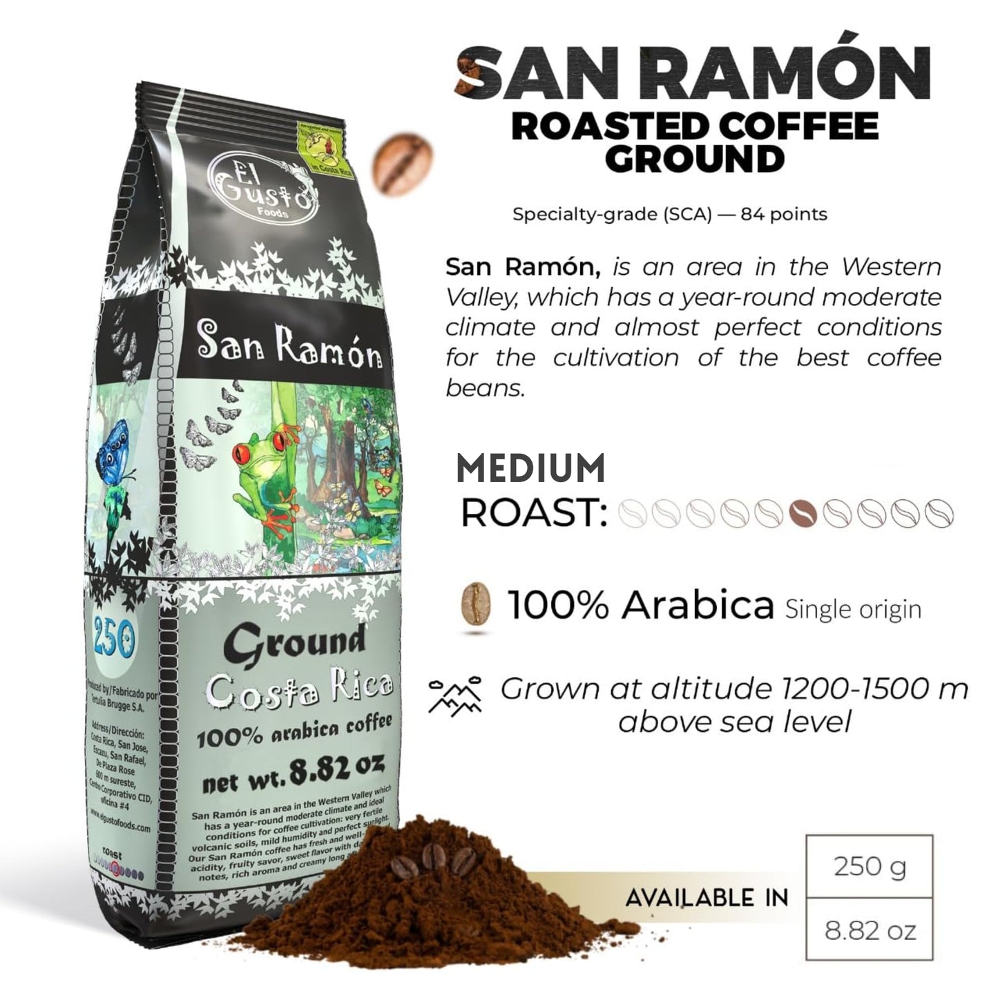 Costa Rican Coffee Medium Roast Ground (8.8Oz) - 100% Fresh Arabica Beans, Shade Grown & Local Sourced From San Ramon Village - Costa Rican Souvenirs, Perfect Coffee Lover Gift