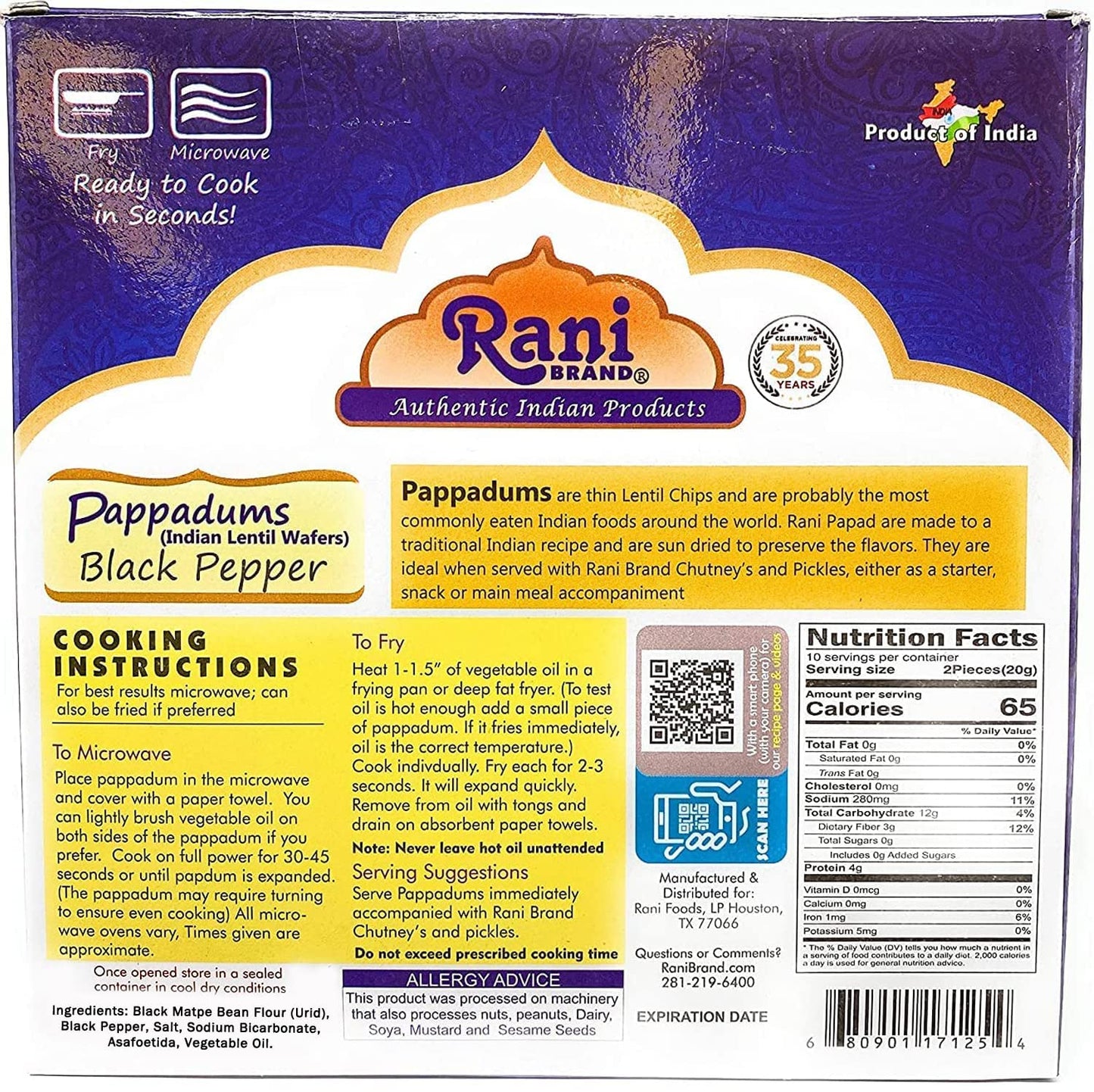 Rani Pappadums (Indian Lentil Wafer Snack) Black Pepper Papad 7Oz (200G) Approximately 15Pc, 7 Inches, Pack Of 12 ~ All Natural