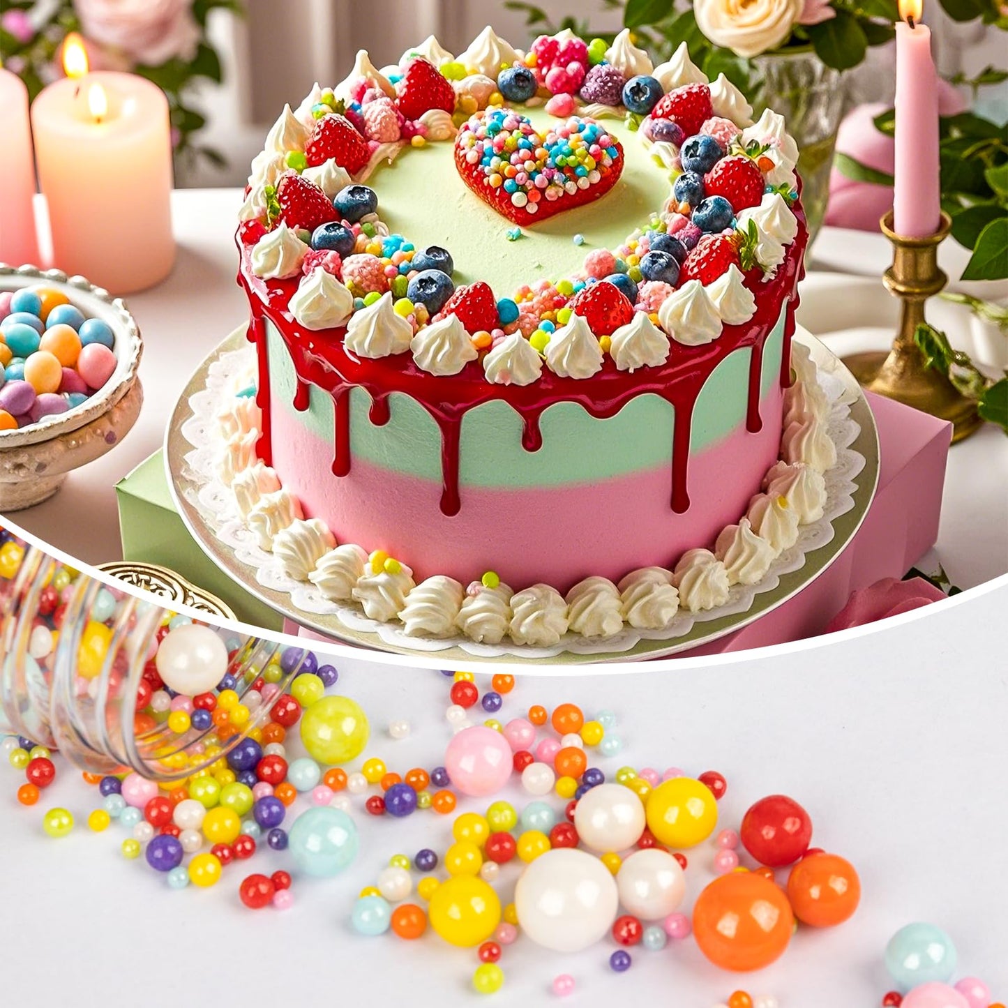 Twisweet Rainbow Pearl Sprinkles for Cake Decorating, Edible Sugar Pearls for Baking, Mix Size, Cake Topper Cupcake Cookie Ice C